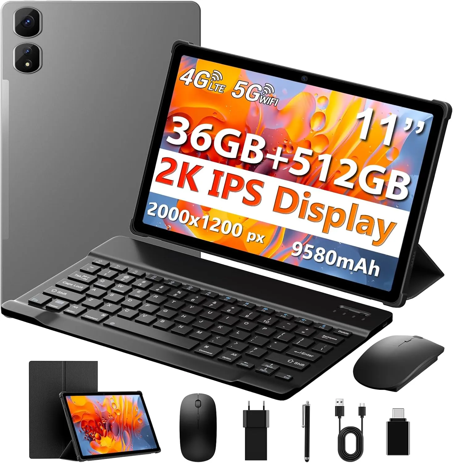 Tablet 11 Zoll, 2K FHD, 36GB RAM+512GB ROM/1TB TF, 4G LTE Dual SIM+5G WLAN, 2GHz Octa-Core Android 15 Tablet mit 9580mA…
