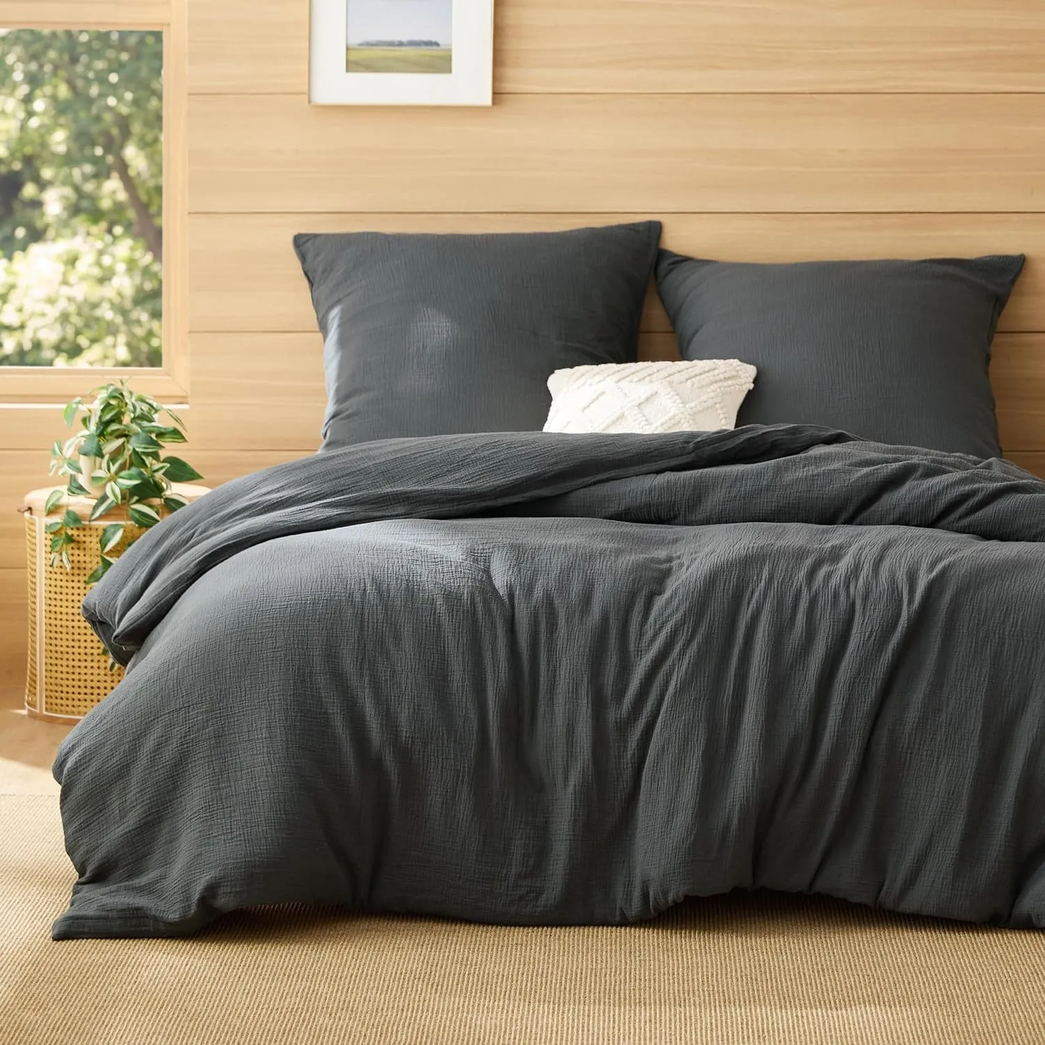BEDSURE Musselin Bettwäsche 200x200 3teilig - Anthrazit, 80x80 Kissenbezüge