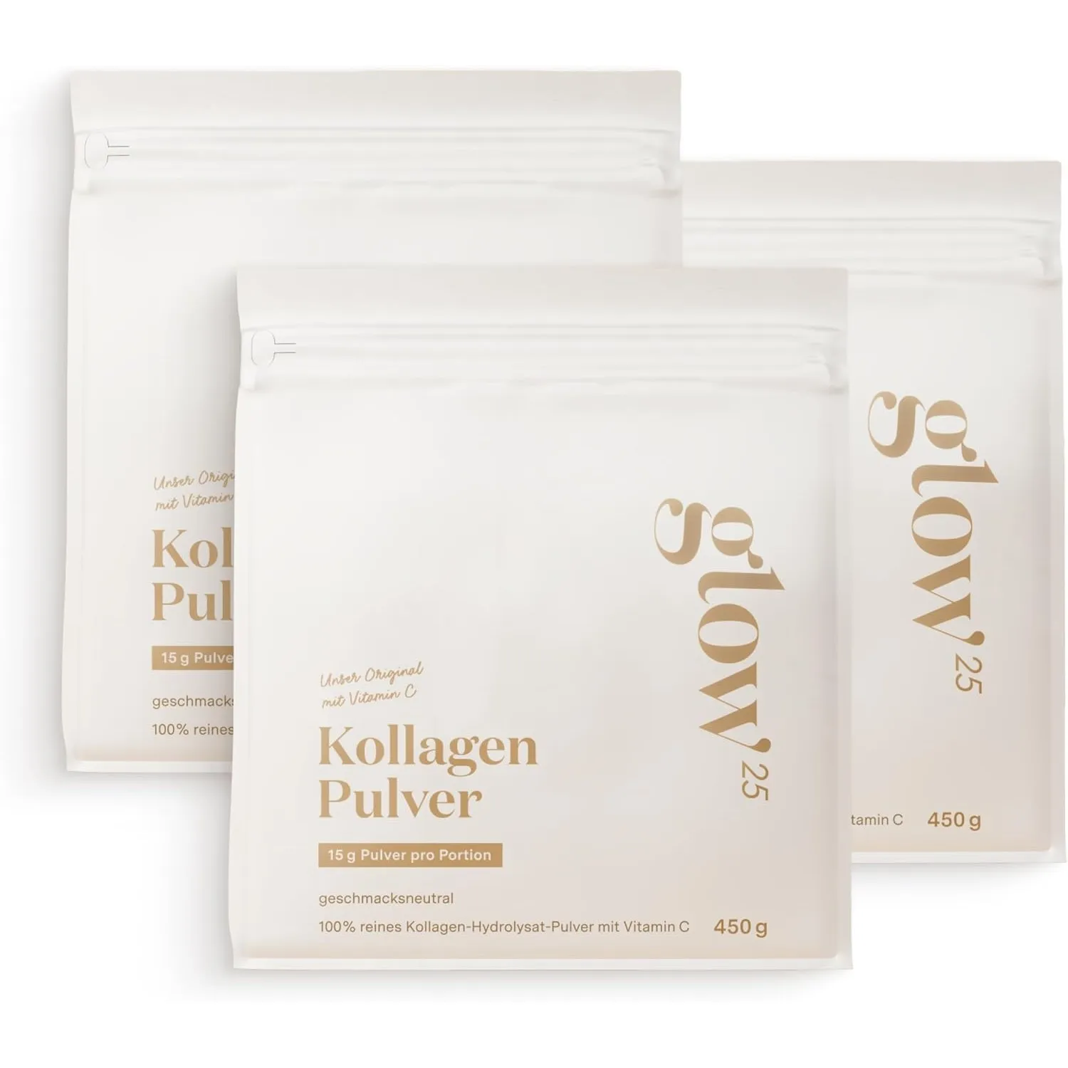 Glow25® Kollagen Pulver [3x450g] – Unser Original – Collagen Hydrolysat mit Vitamin C – Peptide Typ 1 und 3 – Gute Lösl…