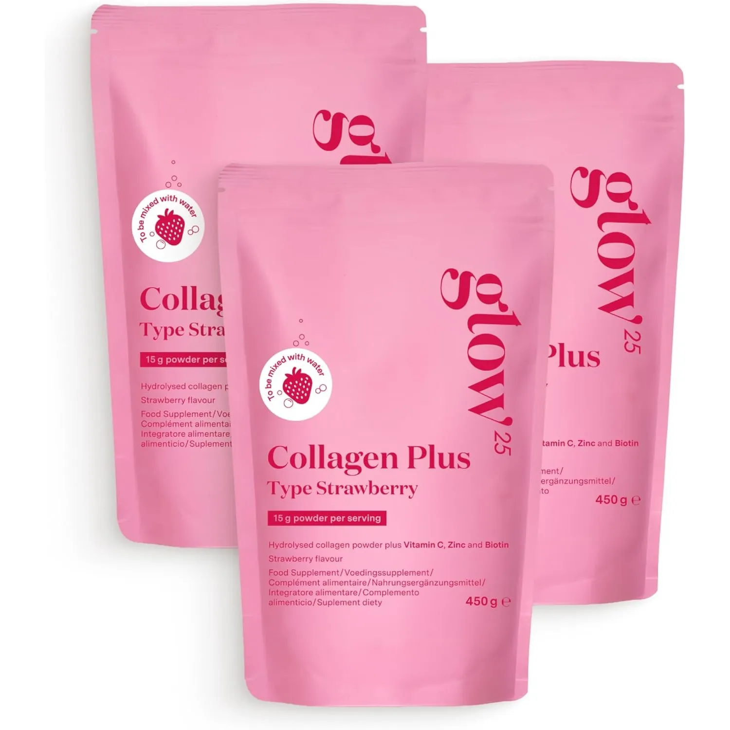 Glow25® Collagen Plus Typ Strawberry [3x450g] – Kollagen Hydrolysat mit Vitamin C, Zink und Biotin – Peptide Typ 1 und …