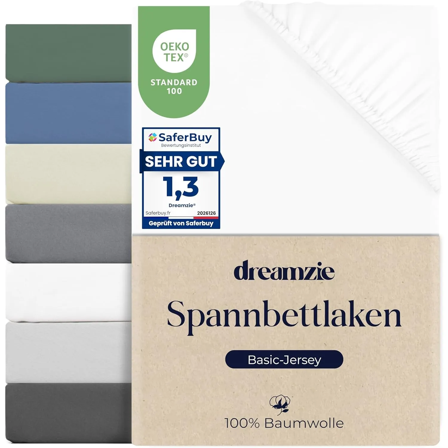 Dreamzie Spannbettlaken 180x200cm, 100% Baumwolle Jersey dehnbar, Spannbetttuch Bettlaken, Steghöhe 30 cm für Matratzen…