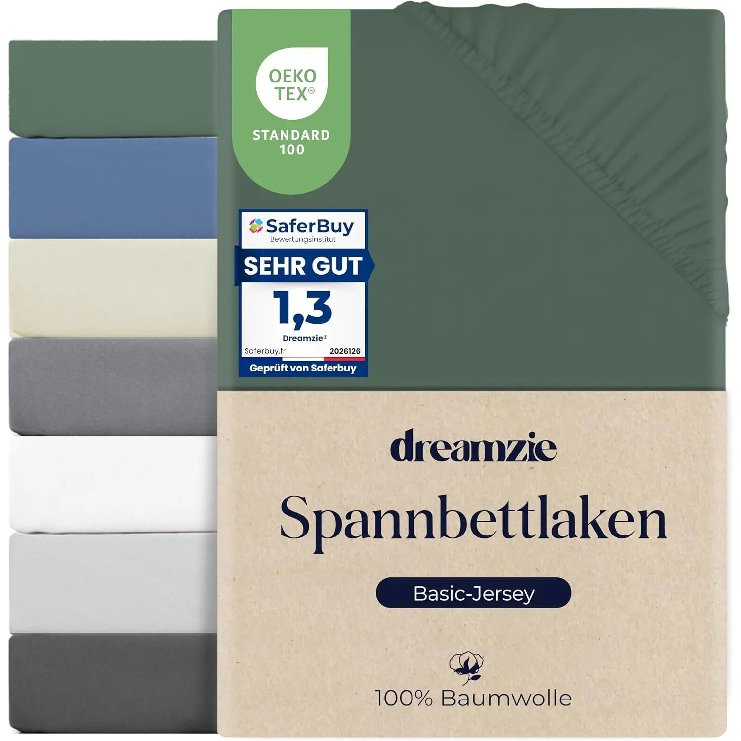 Dreamzie Spannbettlaken 90x200cm, Baumwolle, Elastisch, Oeko-Tex, Entengrün
