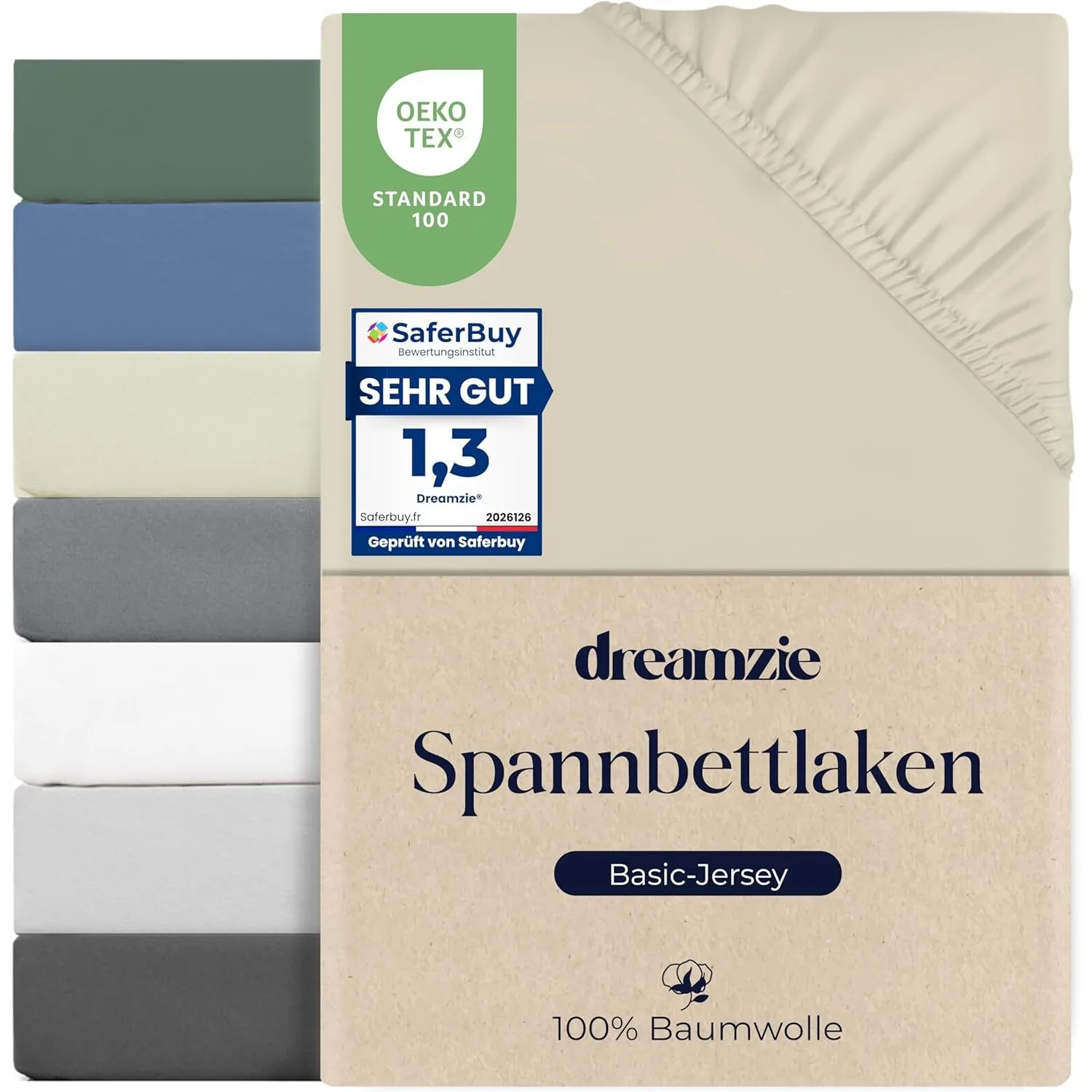 Dreamzie Spannbettlaken 180x200cm, Baumwolle, Elastisch, Oeko-Tex, Beige