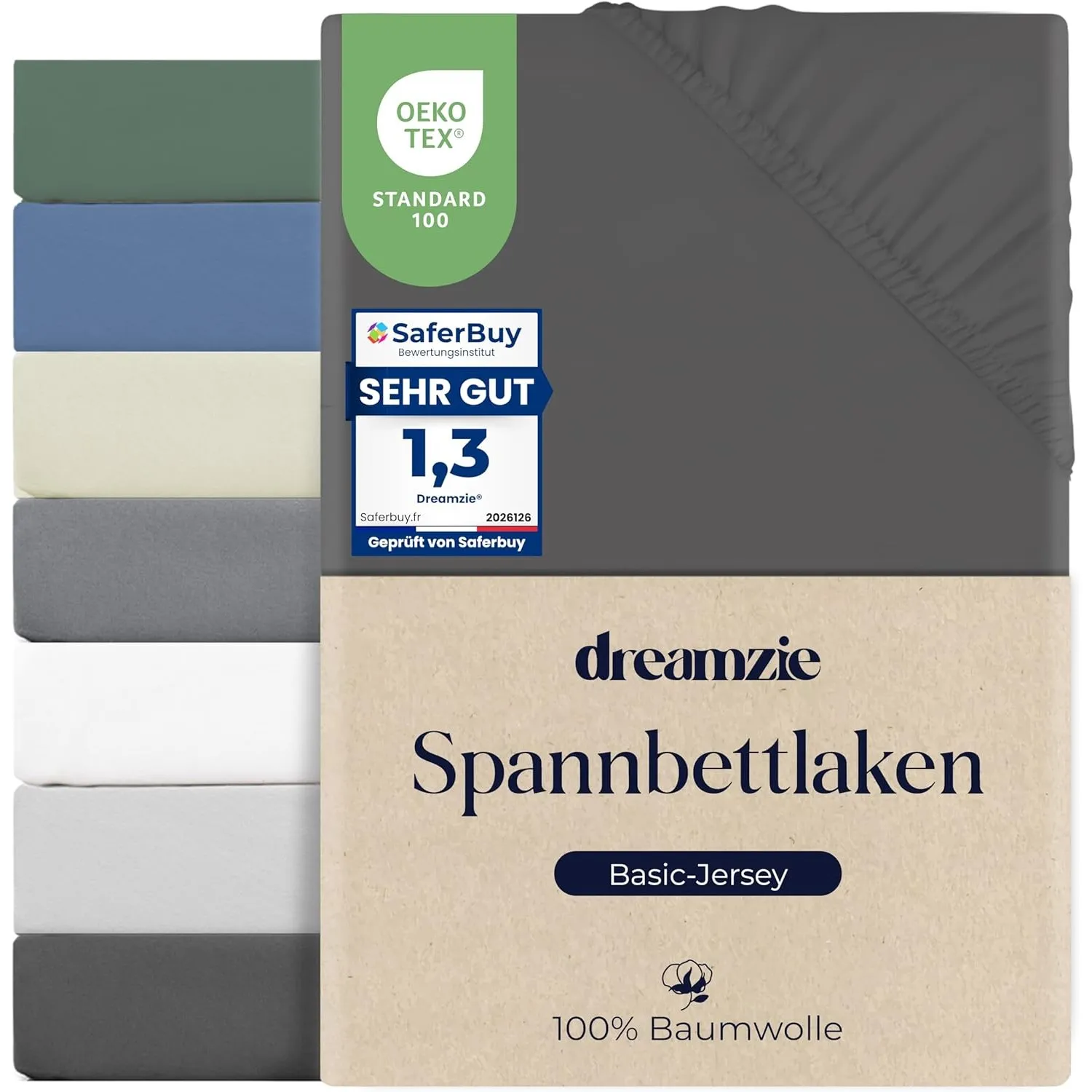 Dreamzie Spannbettlaken 180x200cm, Baumwolle, Elastisch, Dunkelgrau