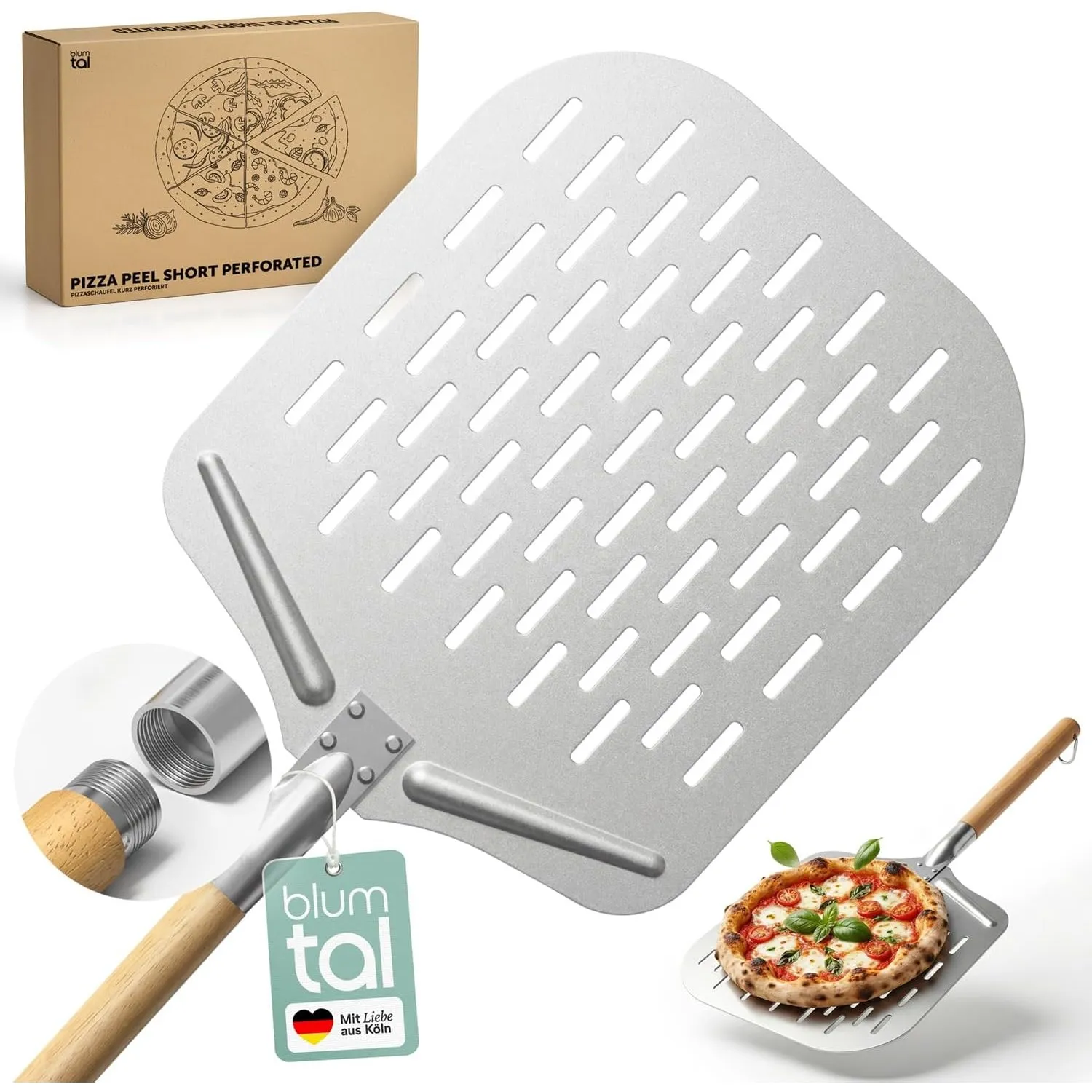Blumtal Pizzaschieber perforiert 30,5x30,5 cm Fläche + Holzgriff 24,5 cm - Pizzaschaufel perforiert aus Anti-Haft Alumi…