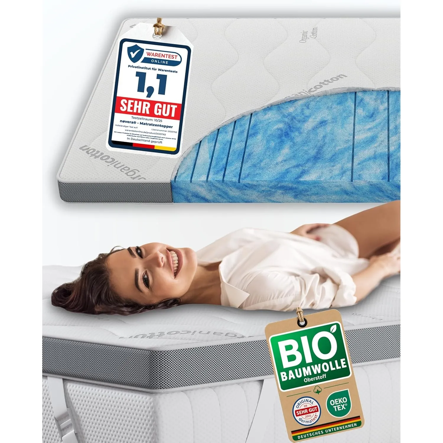 Deluxe Gel Topper 120x200 | Hohes RG 50 | Oberstoff aus 100% Bio-Baumwolle | wolkenweicher 7-Zonen Matratzentopper 120x…