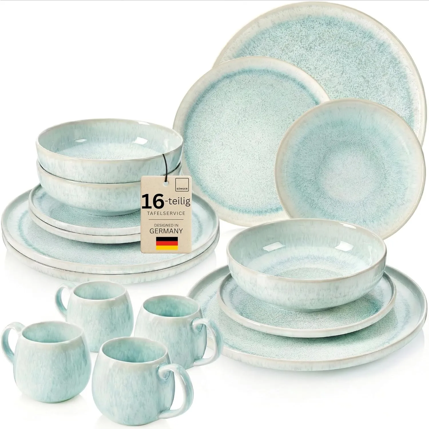 SÄNGER Paros Geschirrset 4 Personen, Teller Set 16-tlg, Türkis, Beige