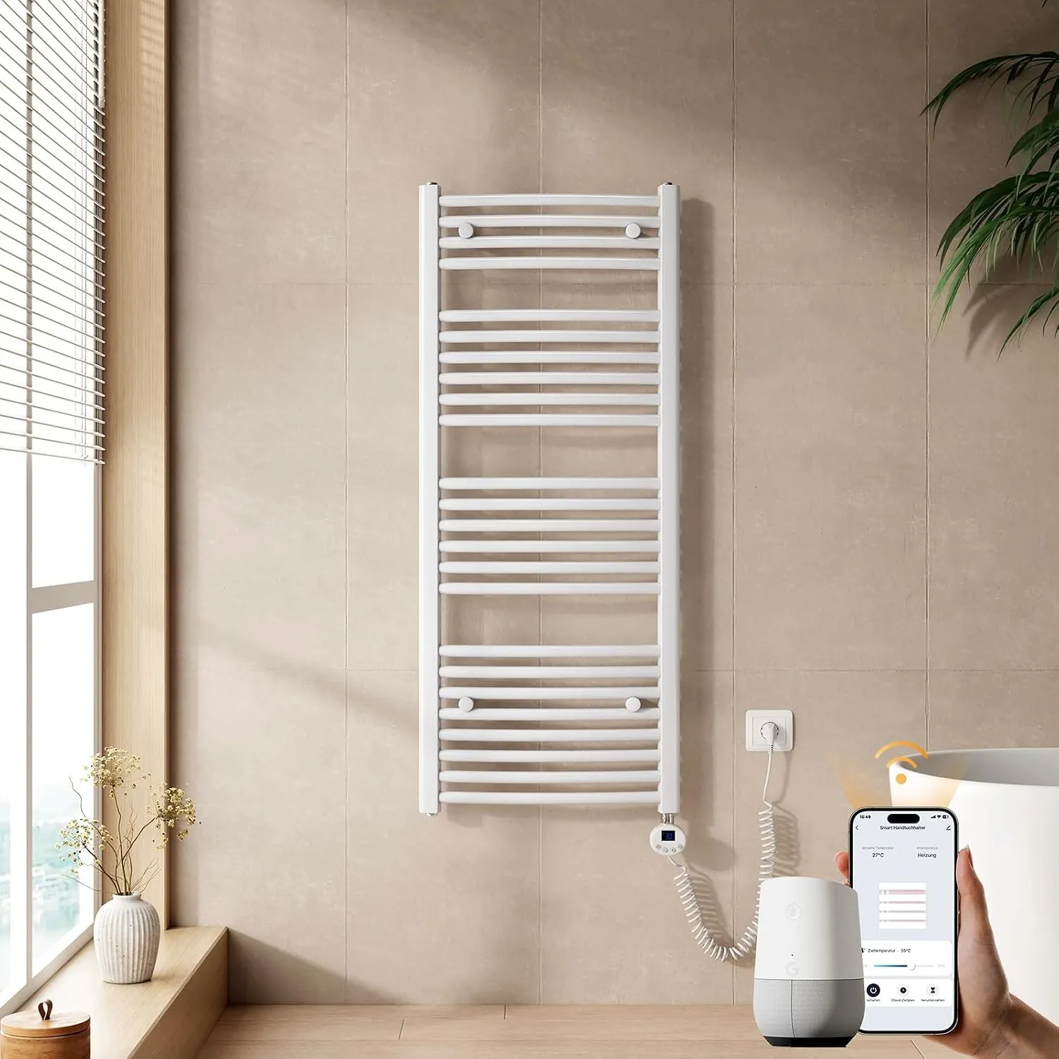 EMKE WiFi Handtuchheizkörper Elektrisch 1200 x 500 mm, Weiß, 500 W