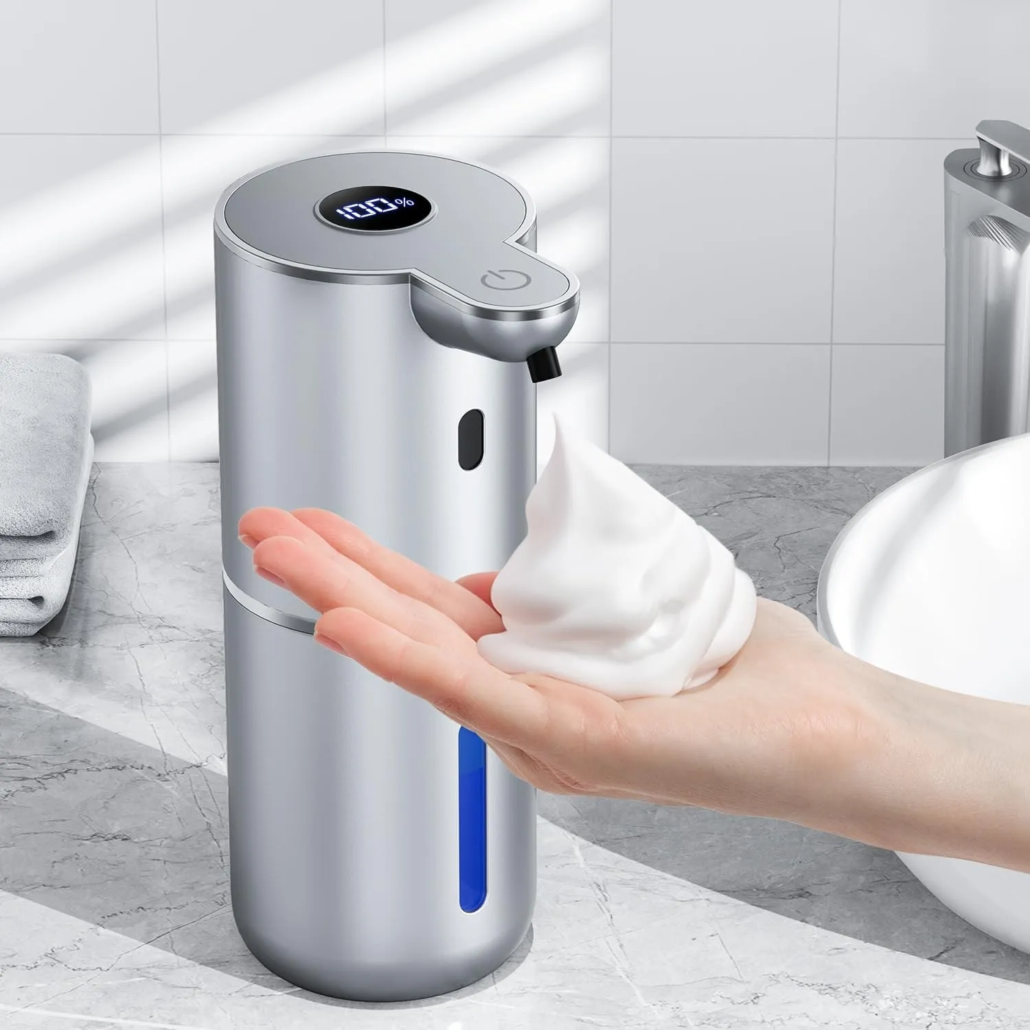 Seifenspender Automatisch mit digitaler Anzeige, Wandmontage, Berührungslos | 380ml, 6-Stufig Einstellbar, 3 Monate Akk…