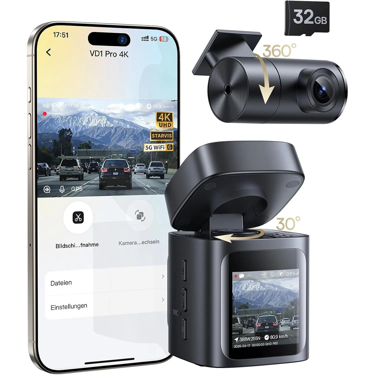 Baseus VD1 Pro Dashcam Auto Vorne Hinten 4K+1080P, Solar-Dashcam