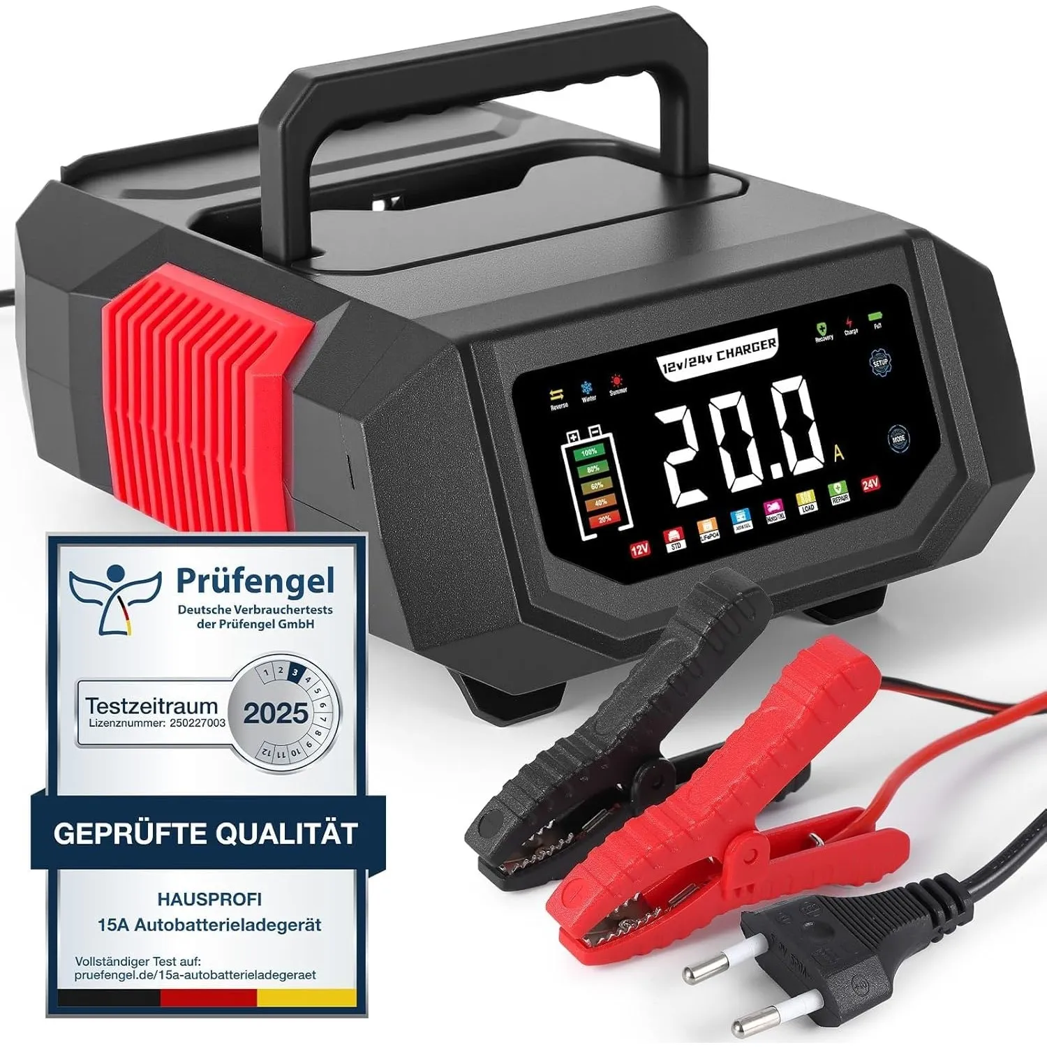 Autobatterie Ladegerät 12V/24V, HAUSPROFI 20A Intelligentes Batterieladegerät KFZ mit Einstellbarem Strom, 9-Stufige La…