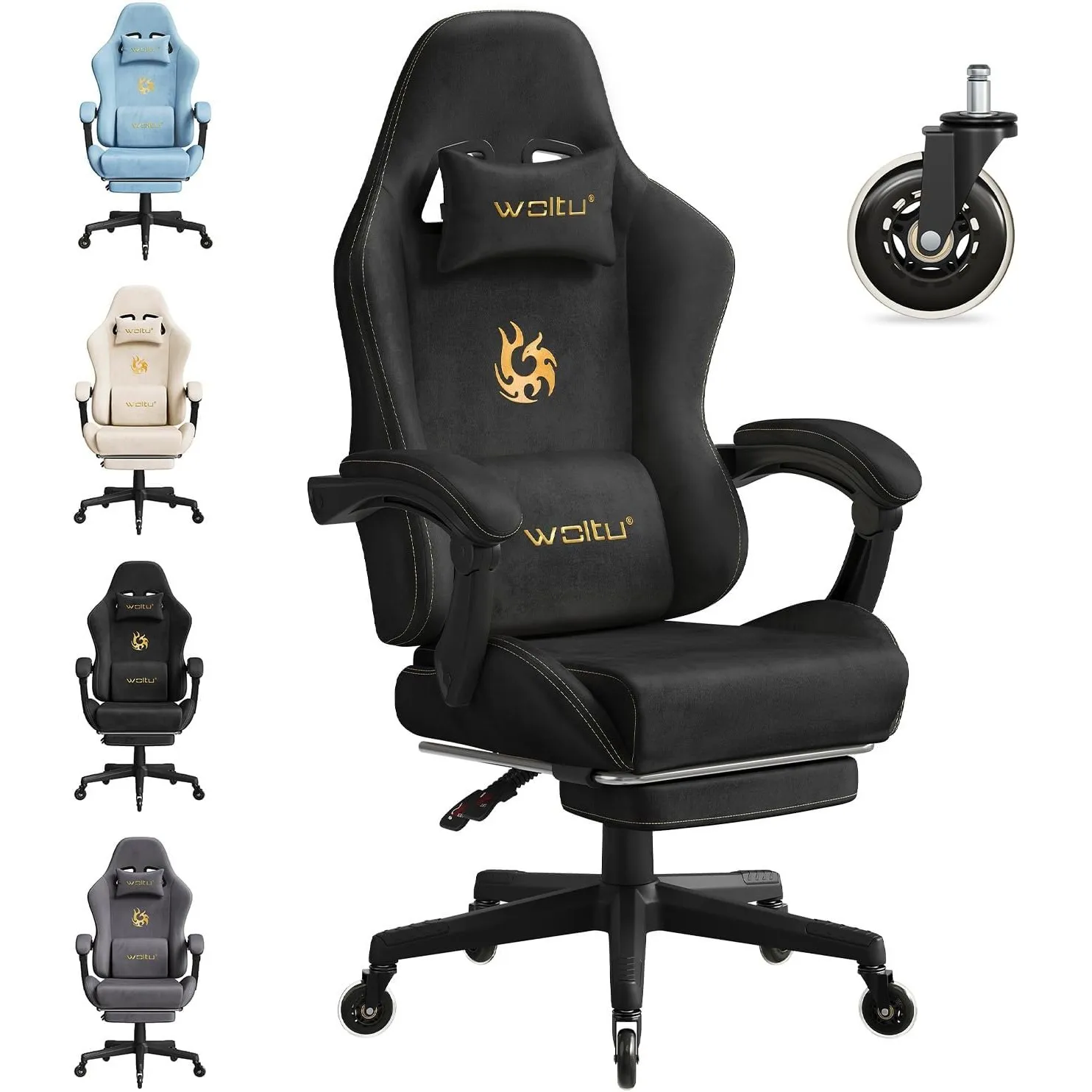 WOLTU Gaming Stuhl,Erwachsenen Computersessel,mit Gummi-Stuhlrollen,Schwarz