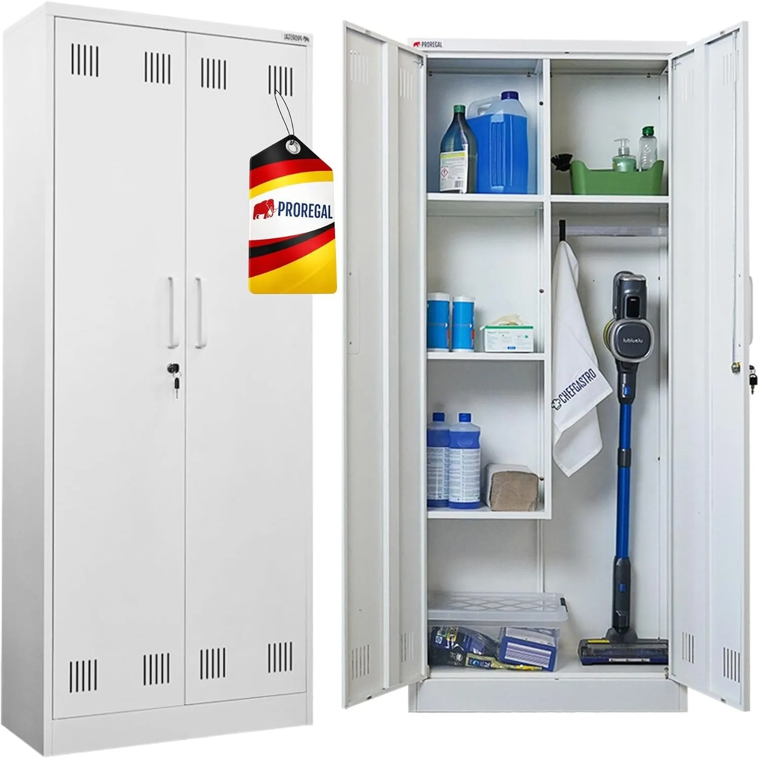 PROREGAL Putzmittelschrank Rhino Metall 2 Türen abschließbar Besenschrank schmal 170x70x30cm 5 Fächern & Kleiderstange …