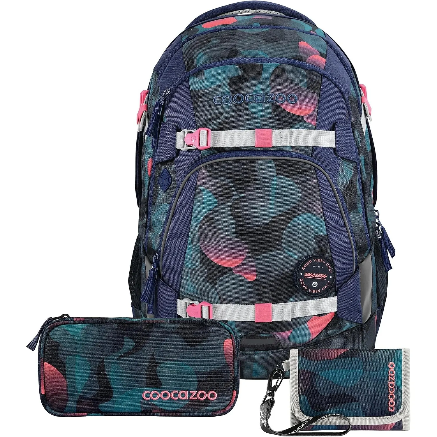 Coocazoo Schulrucksack-Set MATE „Cloudy Peach“ 3-teilig, blau/lila/pink, ergonomischer 30L Tornister, mit Brust- und Hü…