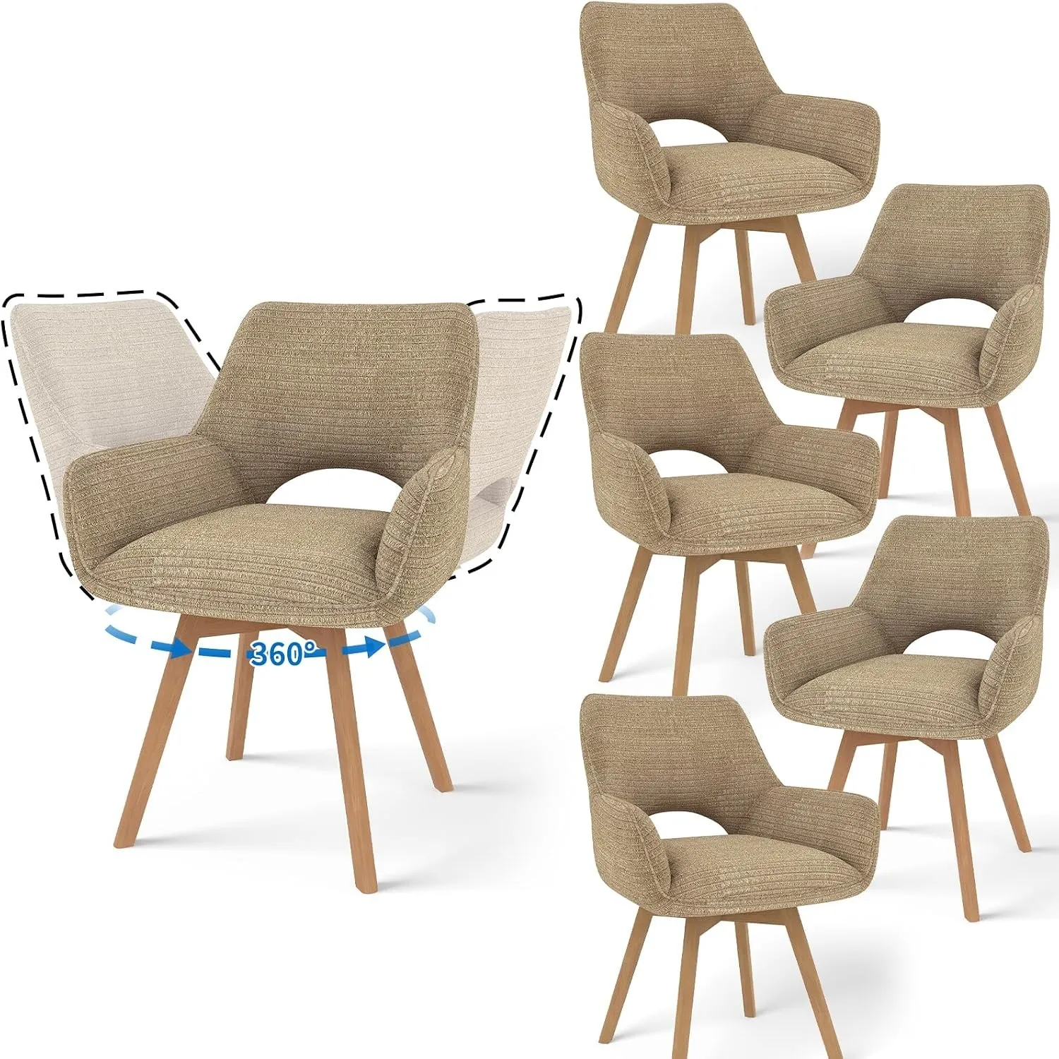 JIJIAN 6er Set 360° Drehbare Esszimmerstühle mit Armlehnen, Braun
