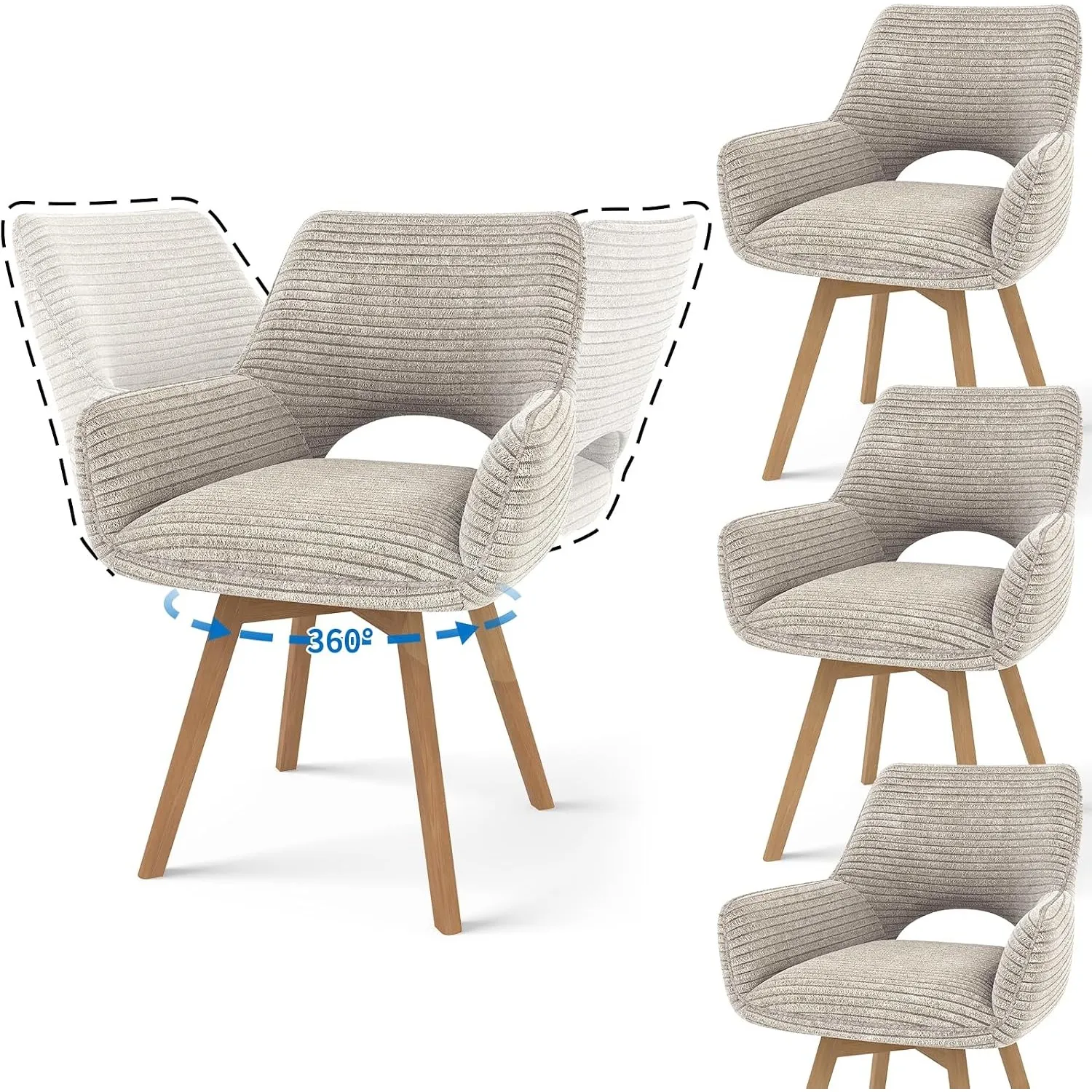 JIJIAN 4er Set 360° Drehbare Esszimmerstühle mit Armlehnen, Taupe