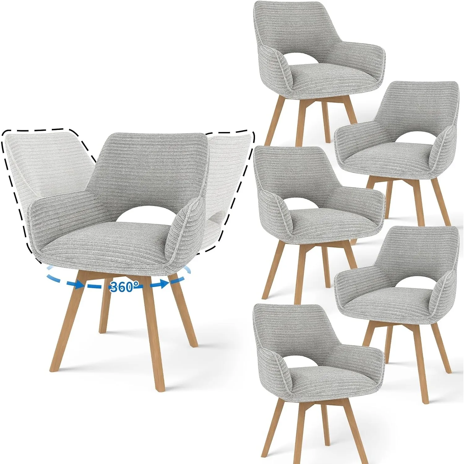 JIJIAN 6er Set 360° Drehbare Esszimmerstühle mit Armlehnen, Grau