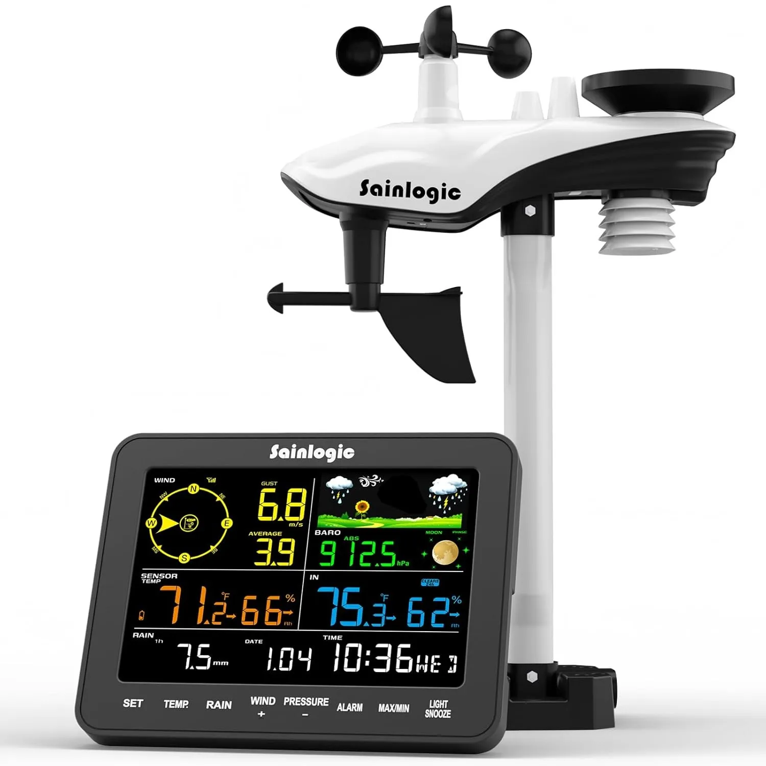 Sainlogic 12-in-1 Wetterstation mit Regenmesser, Wetterstation Funk mit Außensensor, Windmesser, Barometer, Außentemper…
