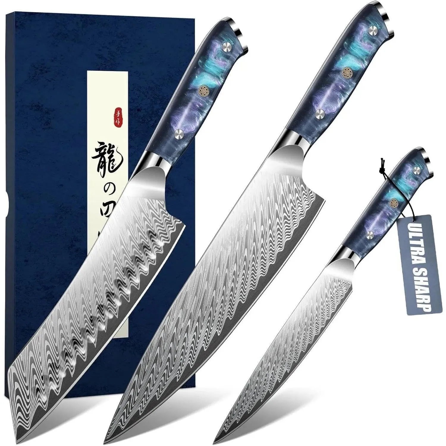 DRAGON RIOT Japanisches Messerset 3-teilig, Scharfes Küchenmesser-Set | Damast Küchenmesserset inklusive Kochmesser, Sa…