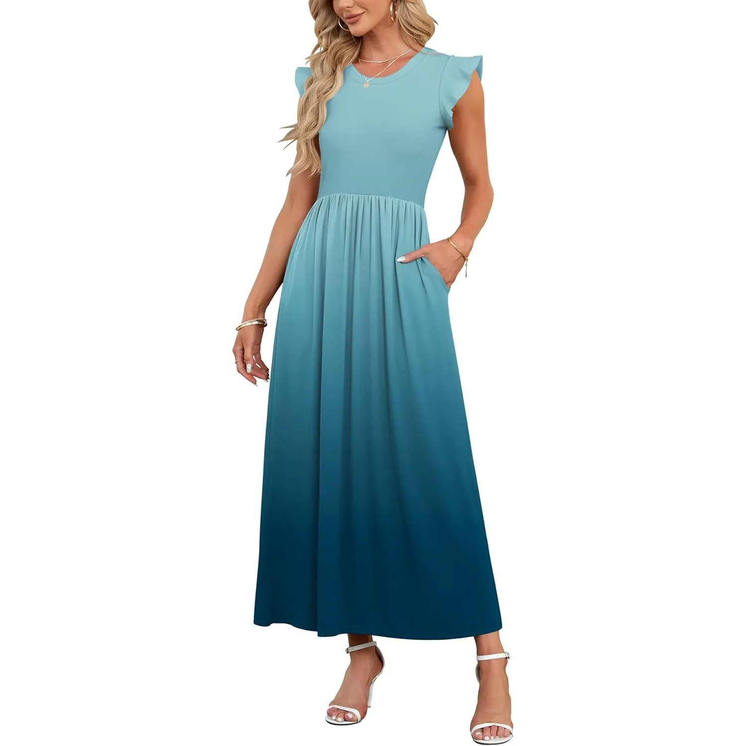 AUSELILY Damen Sommer Rundhalsausschnitt Maxi Kleid mit Taschen Kurzarm und Rüschen Lässiges Hohe Taille Langes Lockere…
