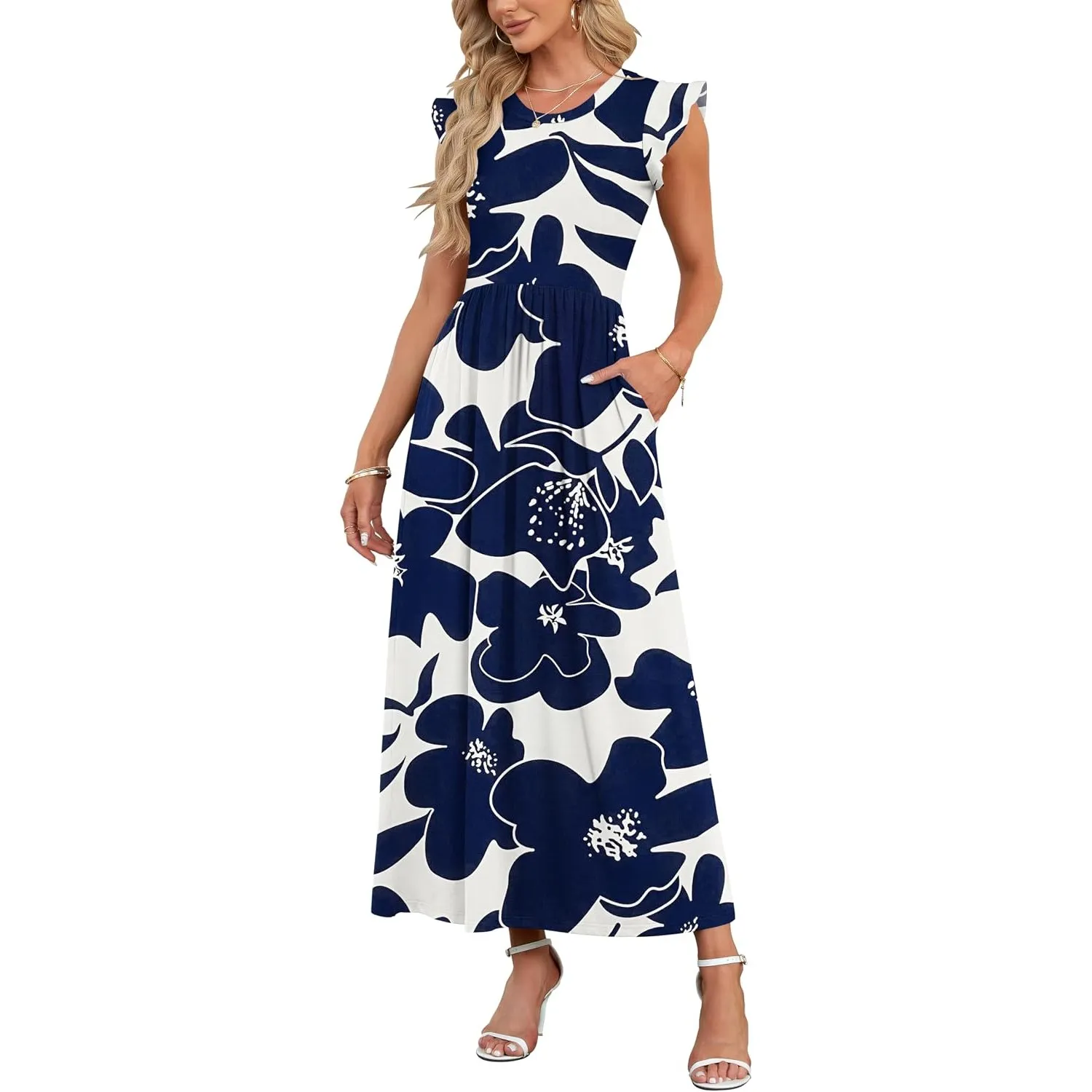 AUSELILY Sommer Maxikleider Dame mit Taschen Hohe Taille Lang Strandkleid | Elegante Blütenblatten Kurzarm Rundhals A L…