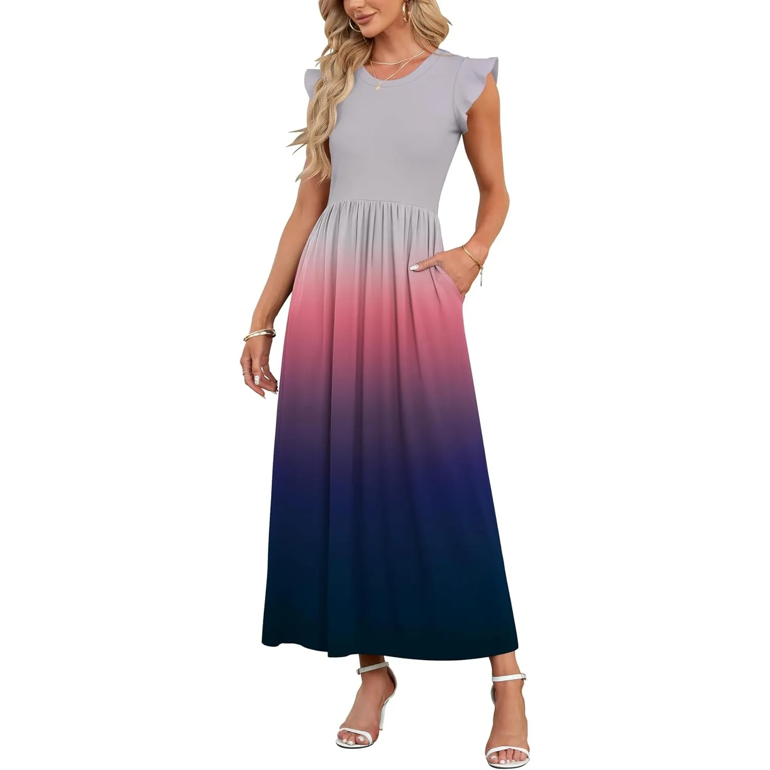 AUSELILY Damen Sommer Rundhalsausschnitt Maxi Kleid mit Taschen Kurzarm und Rüschen Lässiges Hohe Taille Langes Lockere…