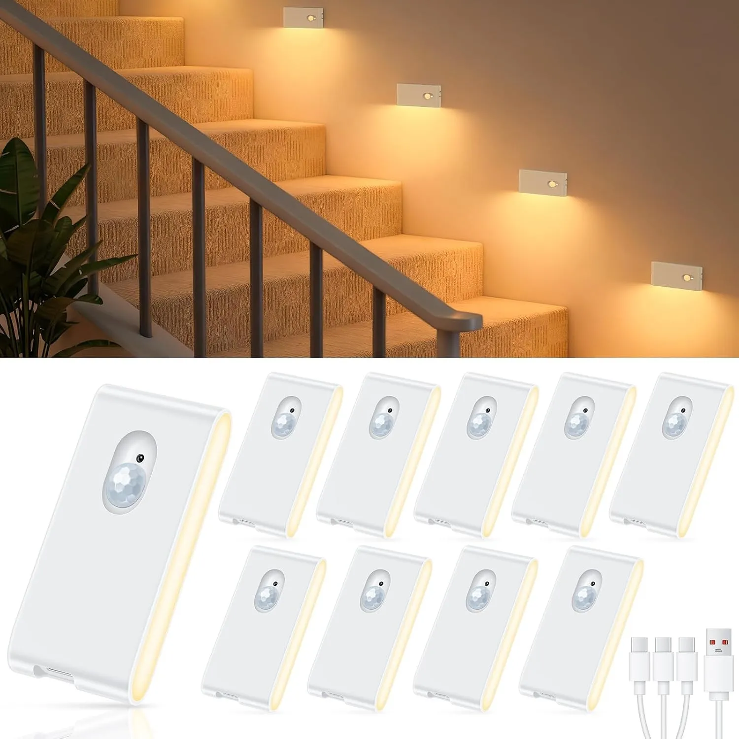 WILLED 10 Stück Nachtlicht mit Bewegungsmelder in Weiß, 500mAh Akku (2 Monate Laufzeit), 2700K Warmweißes LED Treppenbe…