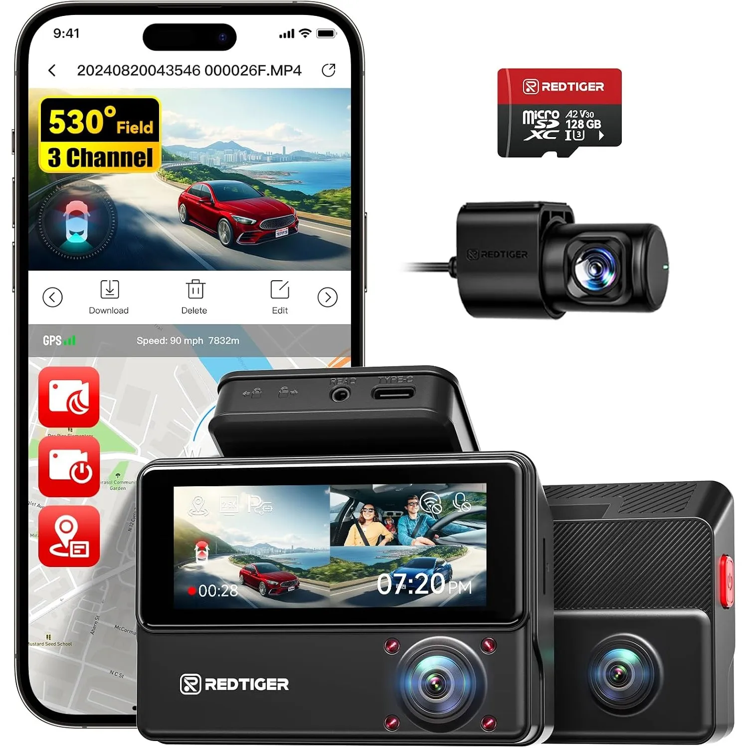 REDTIGER 530° 3-Kanal,2,5K+2,5K+1080P Dashcam Auto mit 128 GB Karte | IR-Nachtsicht,Touchscreen,Dashcam für Vorne, Inne…