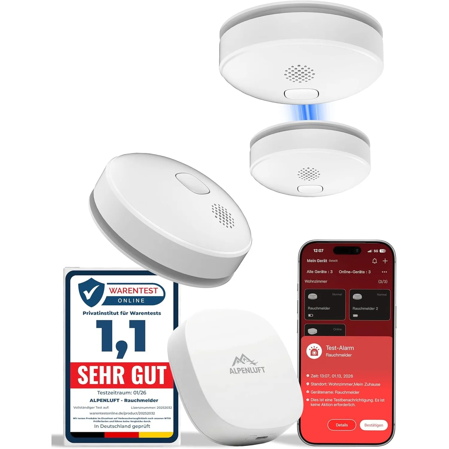 ALPENLUFT Rauchmelder mit Smart App 10 Jahre Batterie, TESTSIEGER Feuermelder Funk und WLAN Vernetzt, Rauchwarnmelder, …