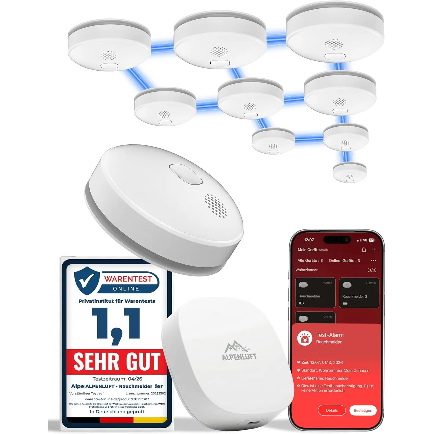 ALPENLUFT Rauchmelder mit Smart App 10 Jahre Batterie, TESTSIEGER Feuermelder Funk und WLAN Vernetzt, Rauchwarnmelder, …