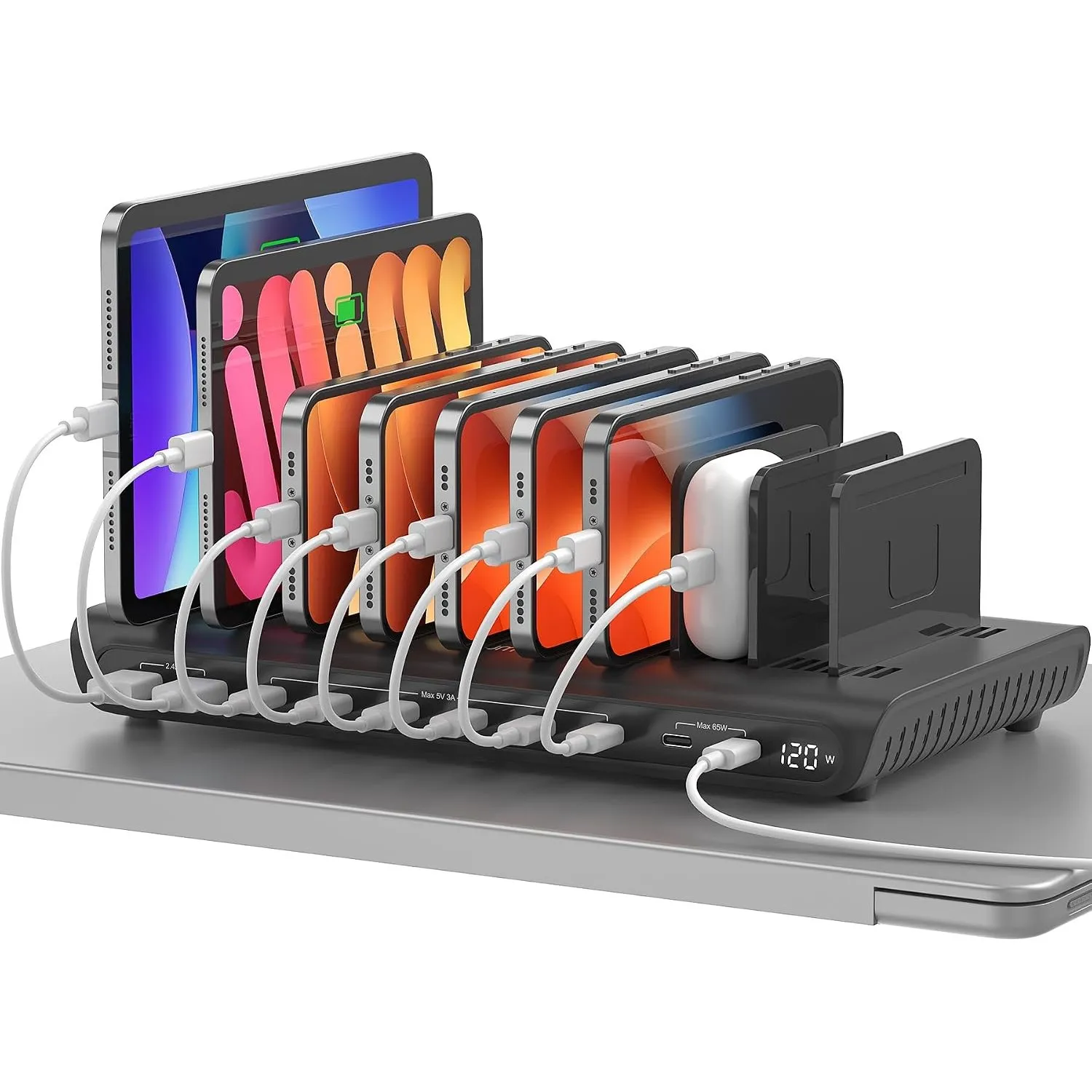 Alxum 120W 10 Port USB Ladestation für mehrere Geräte, LED Handy-Ladestation mit 65W PD & QC 3.0, 8 USB C & 2 USB A, Sc…
