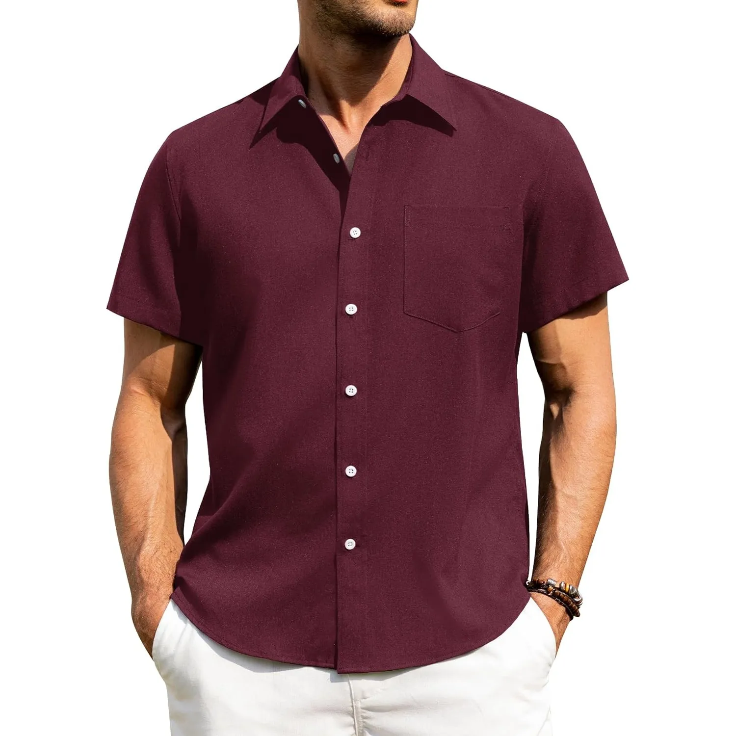 J.VER Leinenhemd Herren Kruzarm Freizeithemd Regular Fit Leicht und Luftig Sommerhemd Leinen Shirt mit Tasche