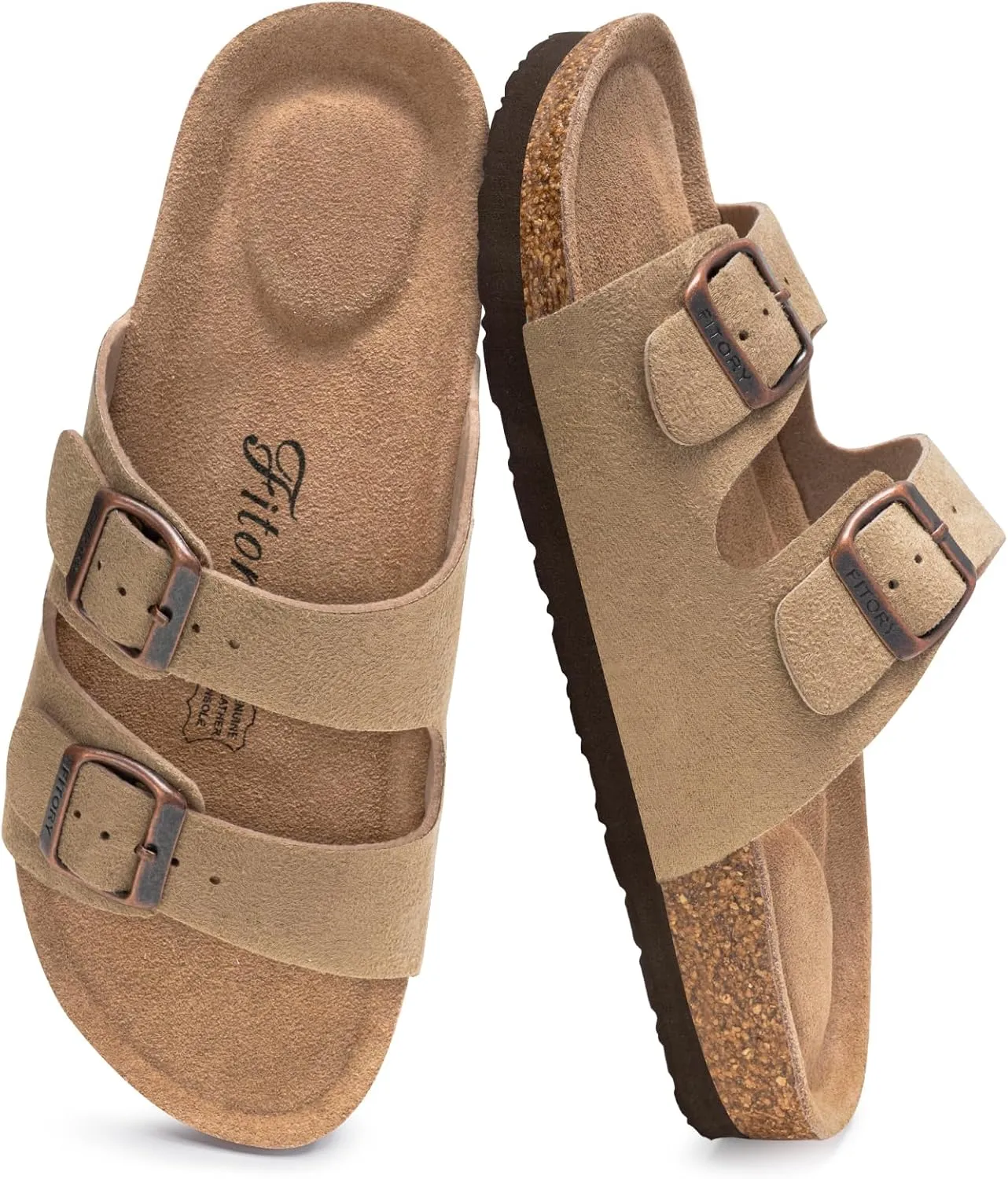 FITORY Damen Pantoletten mit Kork-Fußbett Leder Bequem Rutschfest Sandalen Frauen Sommer Latschen Schlappen Hausschuhe …