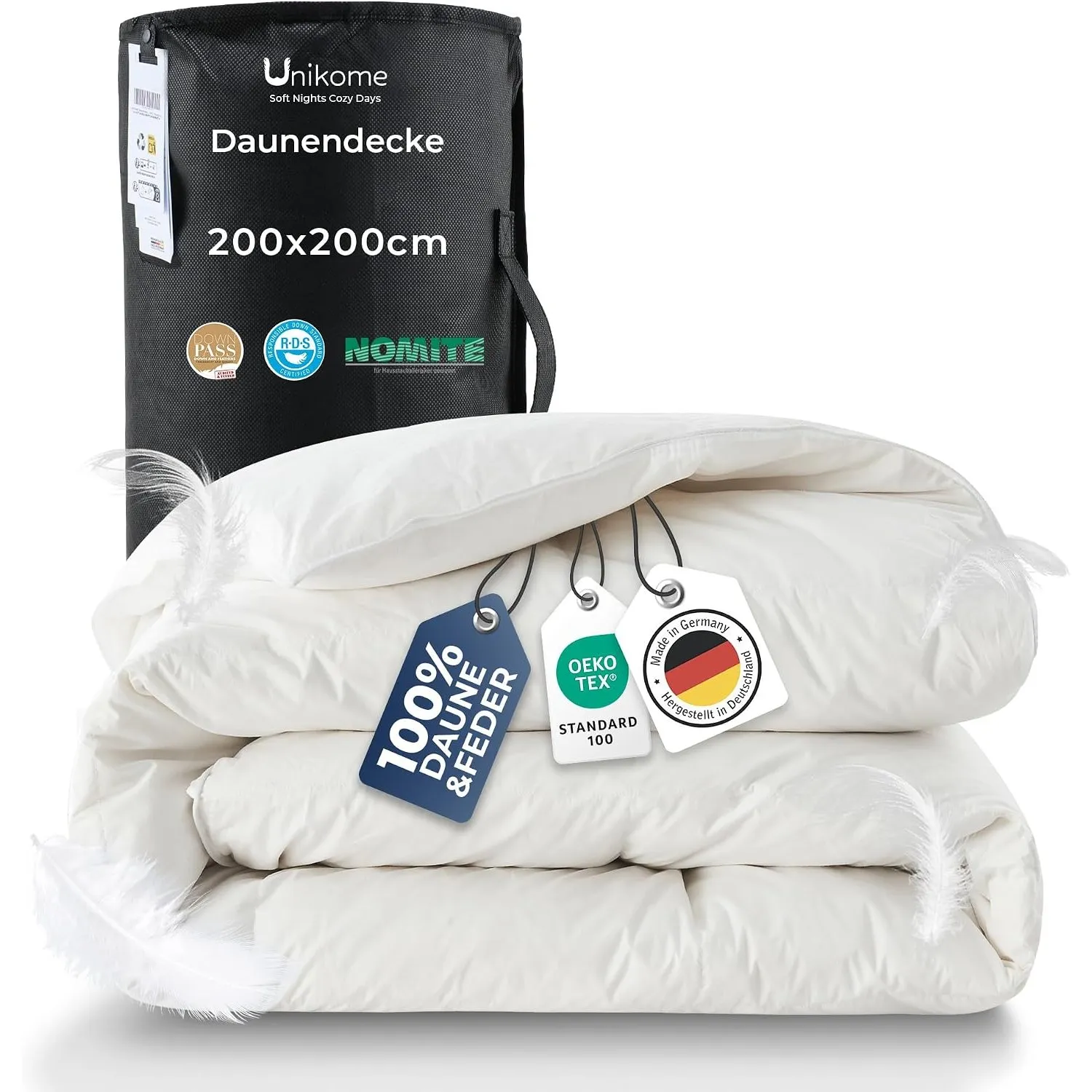 UNIKOME Daunen Bettdecke 200x200, Winter Daunendecke mit 2200g Füllung aus Daunen und Federn, 100% Baumwolle, Made in G…