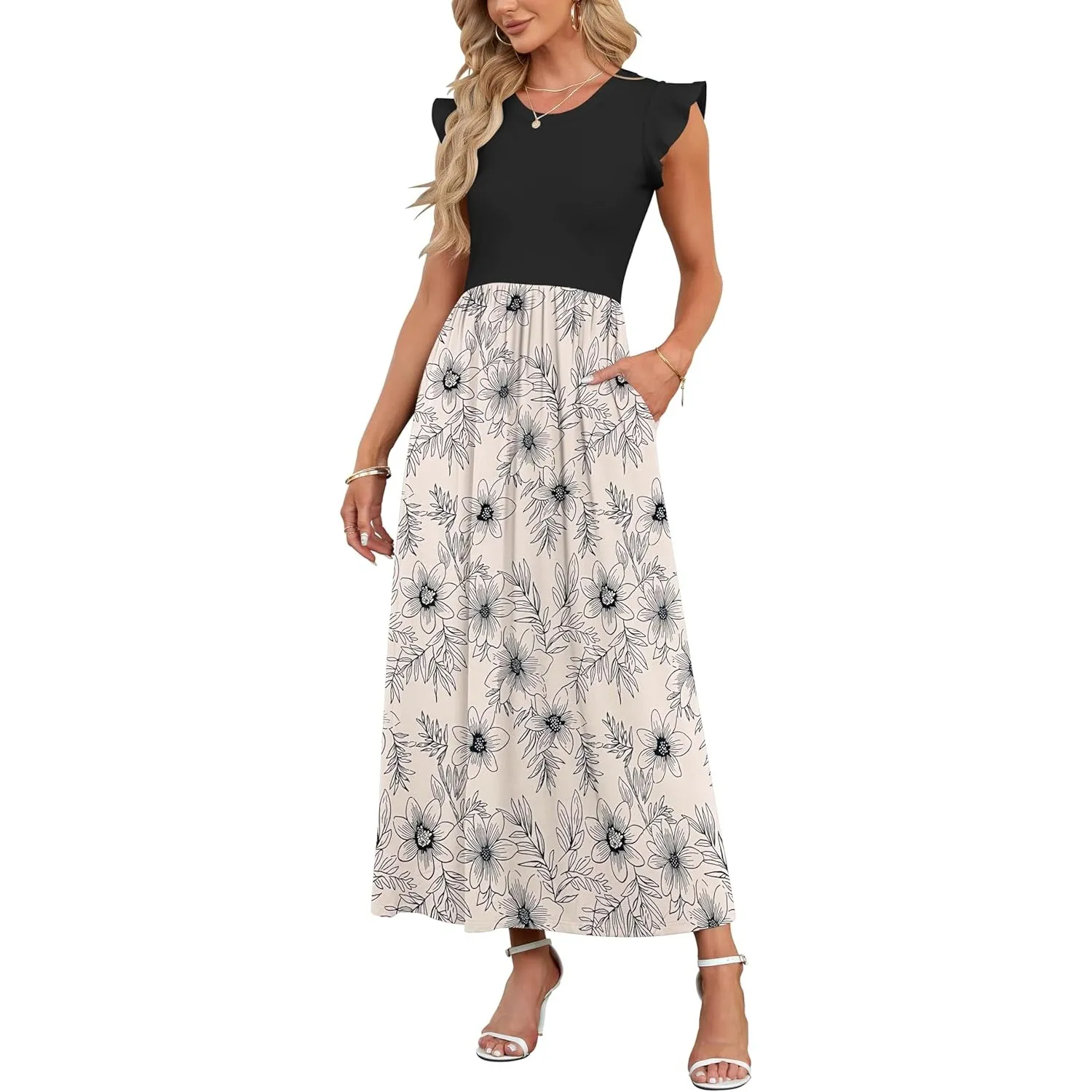 AUSELILY Damen Sommer Rundhalsausschnitt Maxi Kleid mit Taschen Kurzarm und Rüschen Lässiges Hohe Taille Langes Lockere…