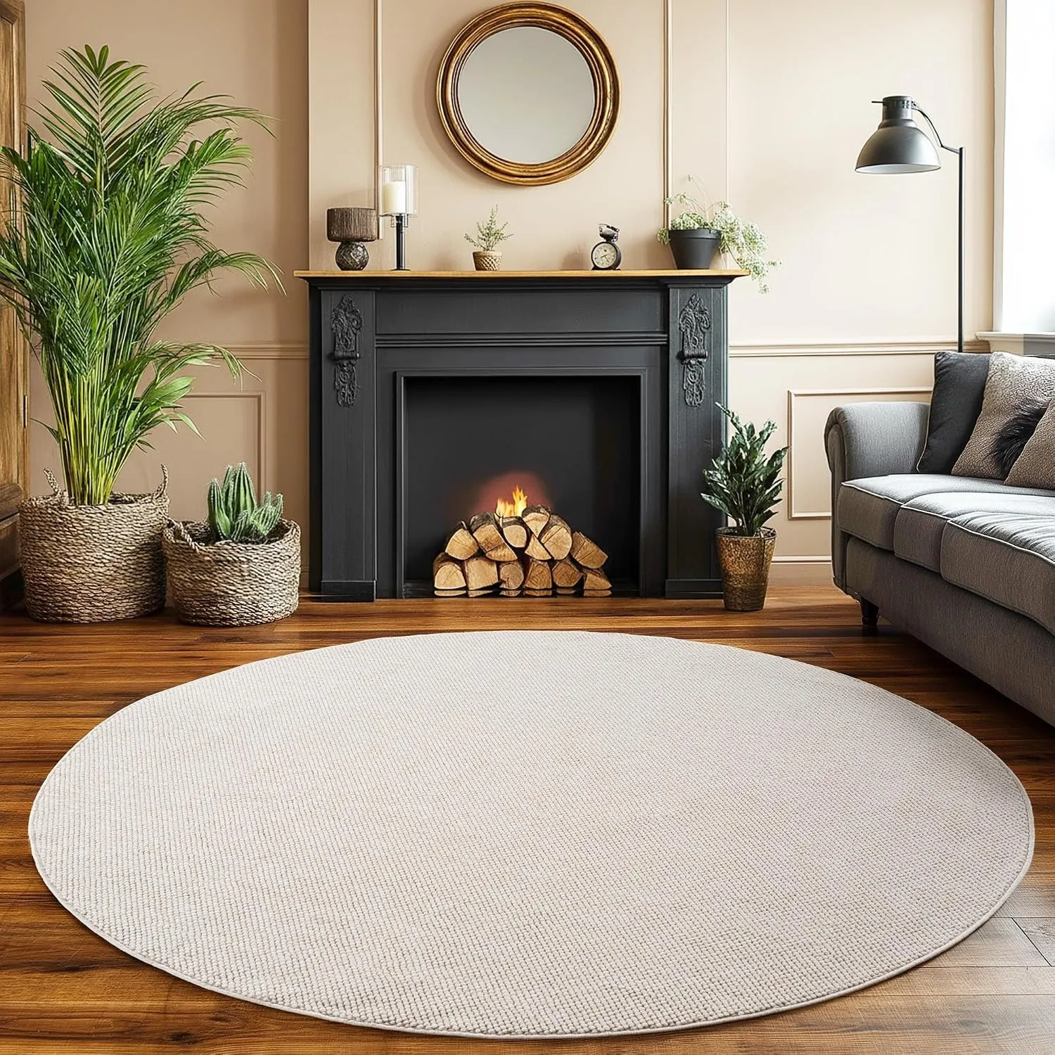 SIMPEX Teppich Rund 200 cm Creme Einfarbig Bouclé Schlingenflor Skandi Stil Modern Weich Strapazierfähig Pflegeleicht g…