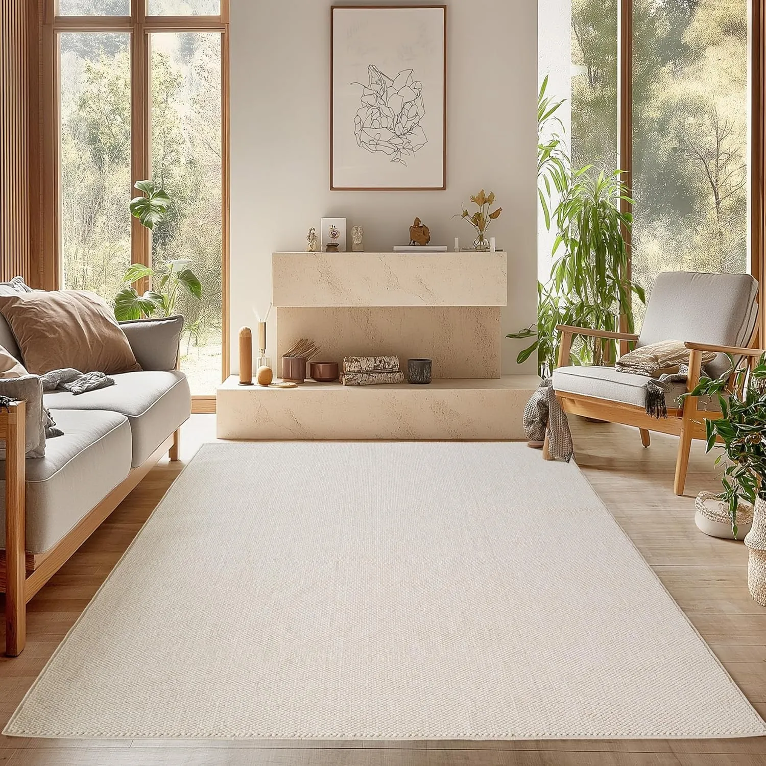 SIMPEX Teppich 140x200 cm Creme Einfarbig Bouclé Schlingenflor Skandi Stil Modern Superweich Robust Pflegeleicht für Wo…