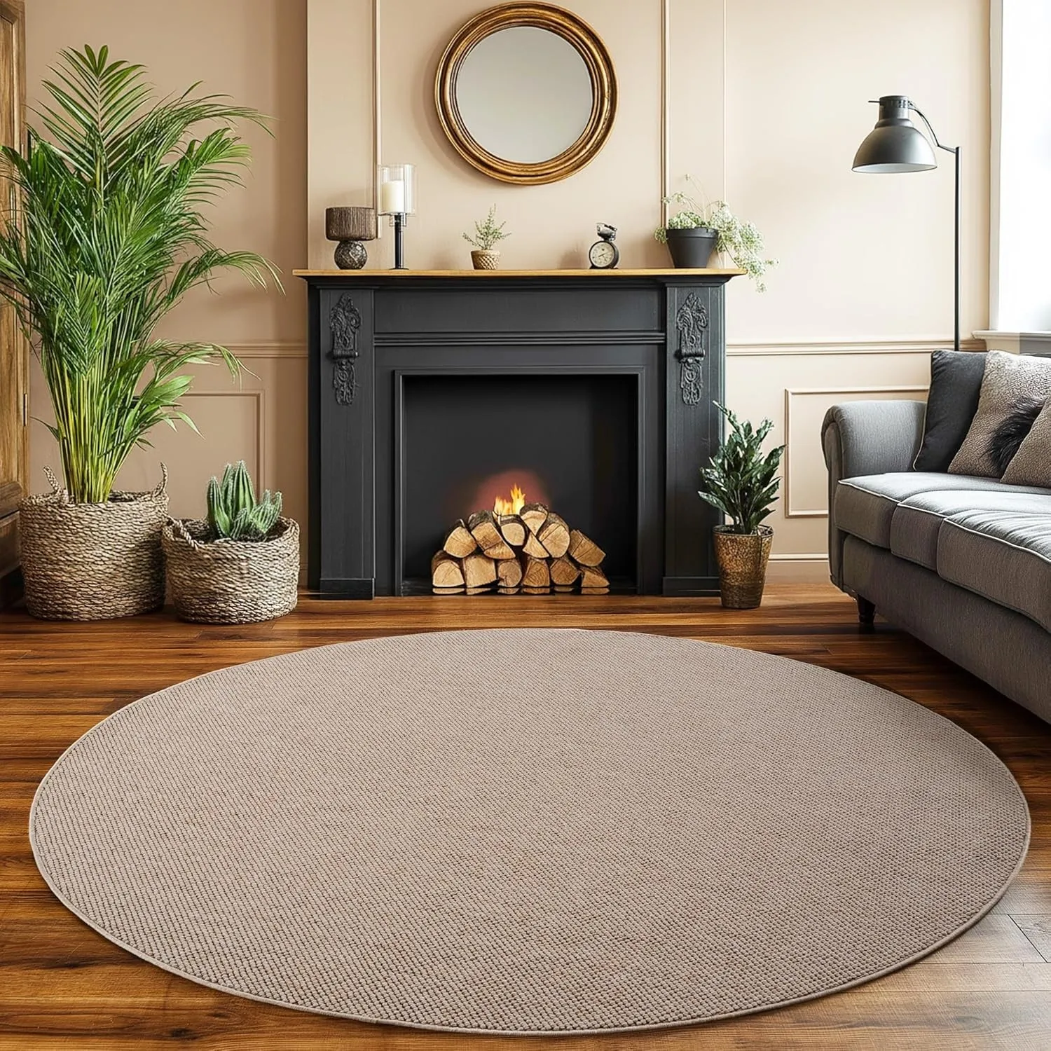 SIMPEX Teppich Rund 120 cm Beige Einfarbig Bouclé Schlingenflor Skandi Stil Modern Weich Strapazierfähig Pflegeleicht r…