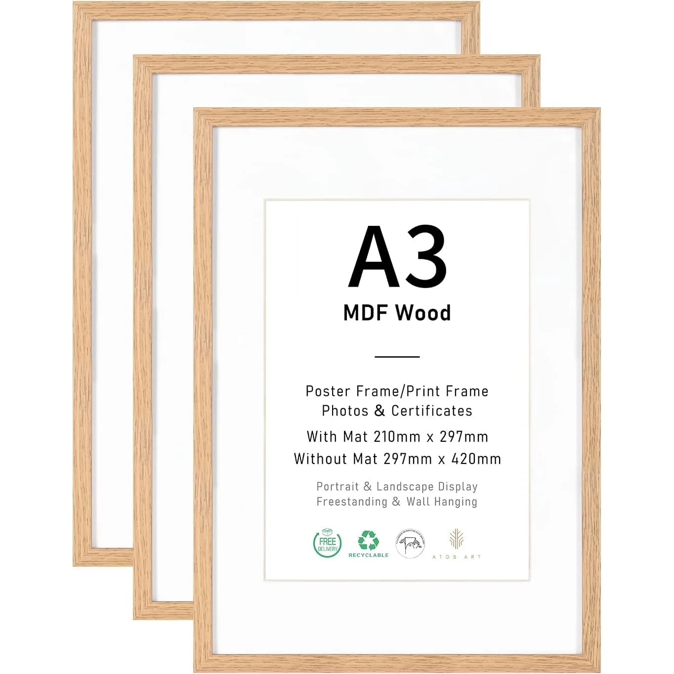 ATOBART Bilderrahmen A3 MDF Holz Natur, 29.7x42cm, 3er Set