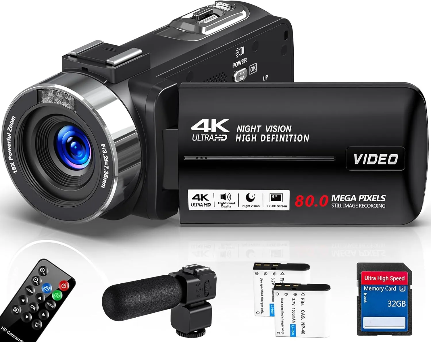 Videokamera 4K 30FPS Camcorder 80MP 18X Digitalzoom IR Nachtsicht Vlogging Kamera, 3,0 Zoll IPS-Bildschirm YouTube Came…