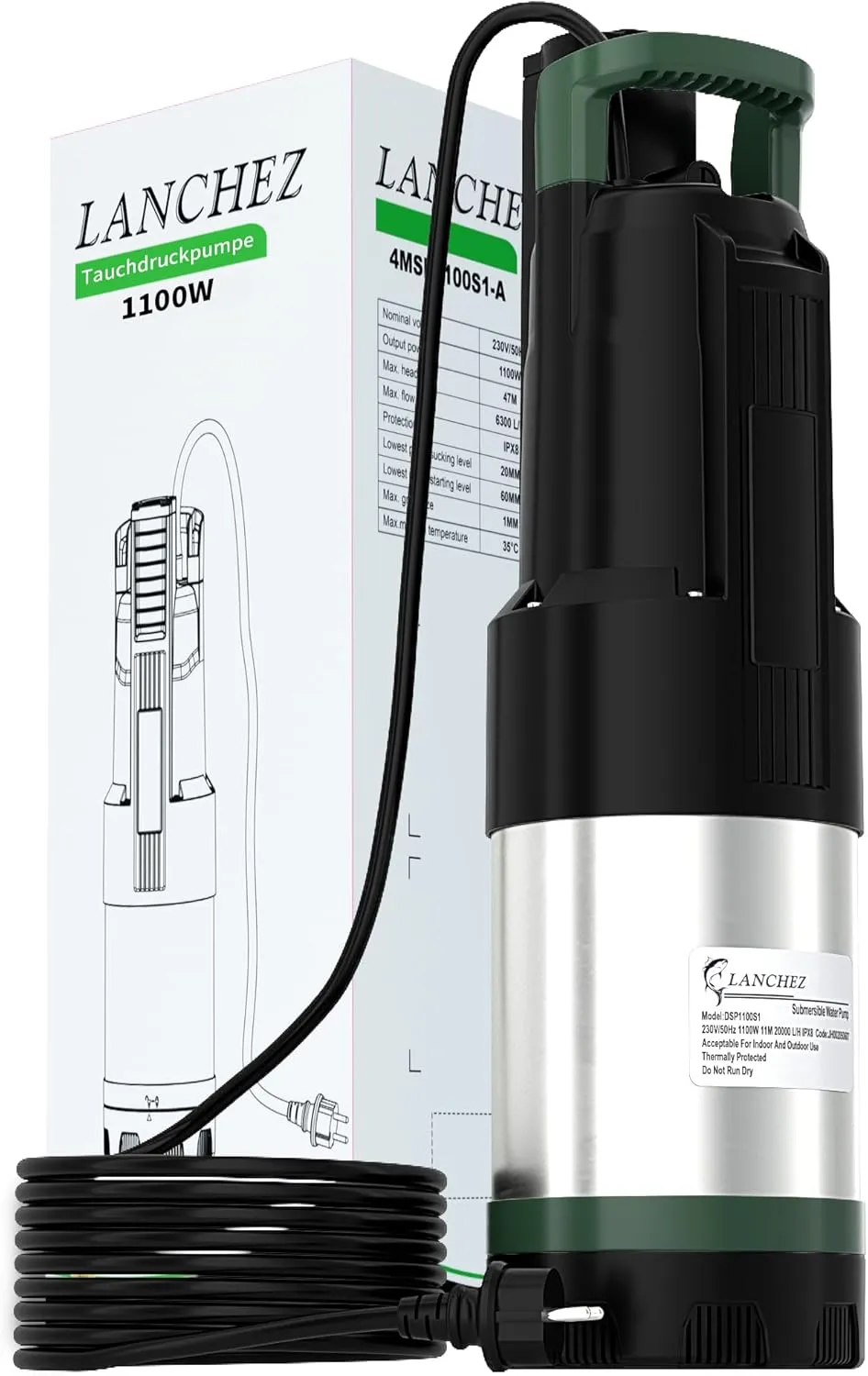 LANCHEZ Submersible Pressure Pump, 4 Inox, 1100 W Submersible Pressure Pump, 6300 l/h Flow Rate, Maximum Flow Head 47 m…
