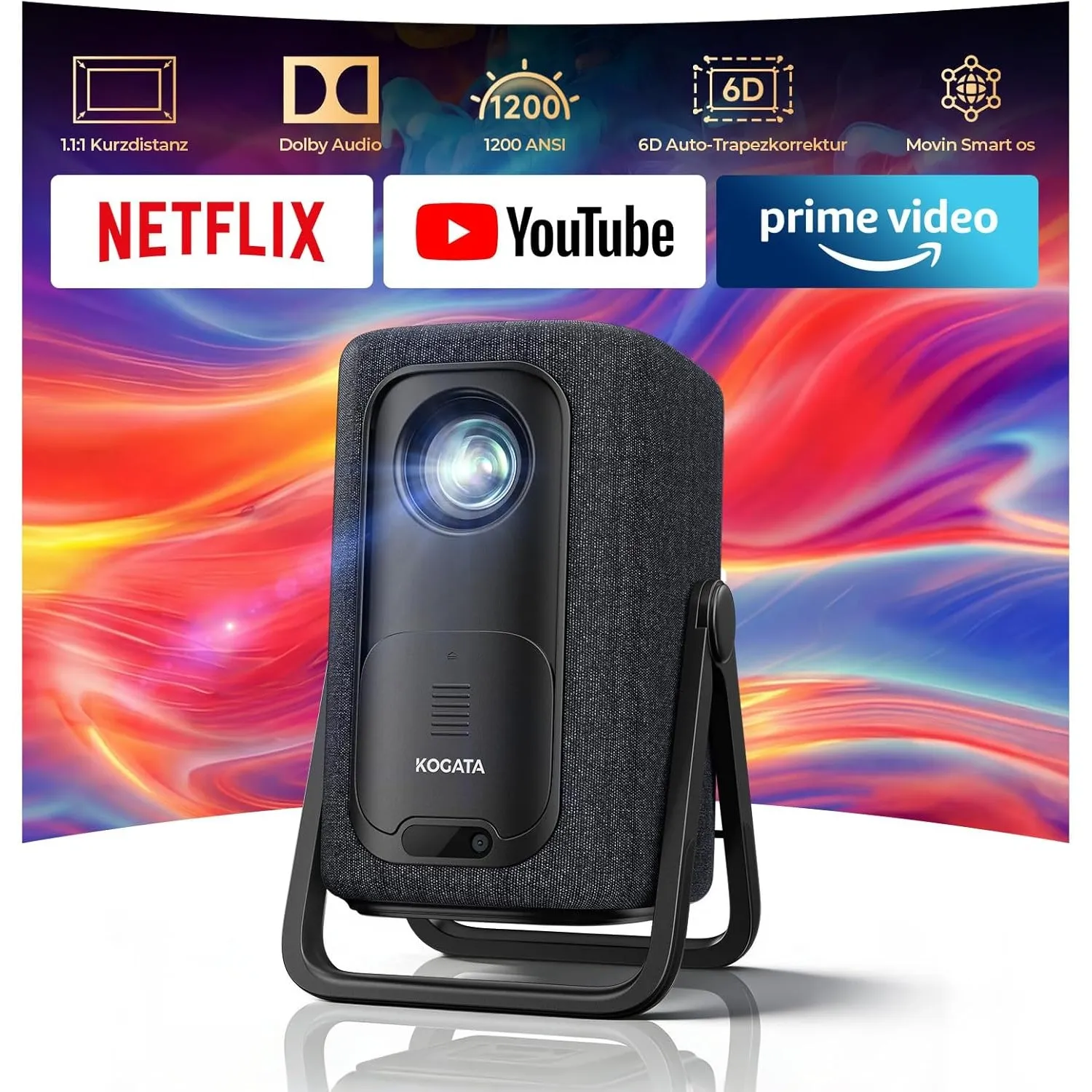 4K Smart Beamer | KOGATA Kurzdistanz 1.1:1, tragbar | Kompatibel mit Netflix-App | Dolby Audio & DTS | Autofokus & 6D K…