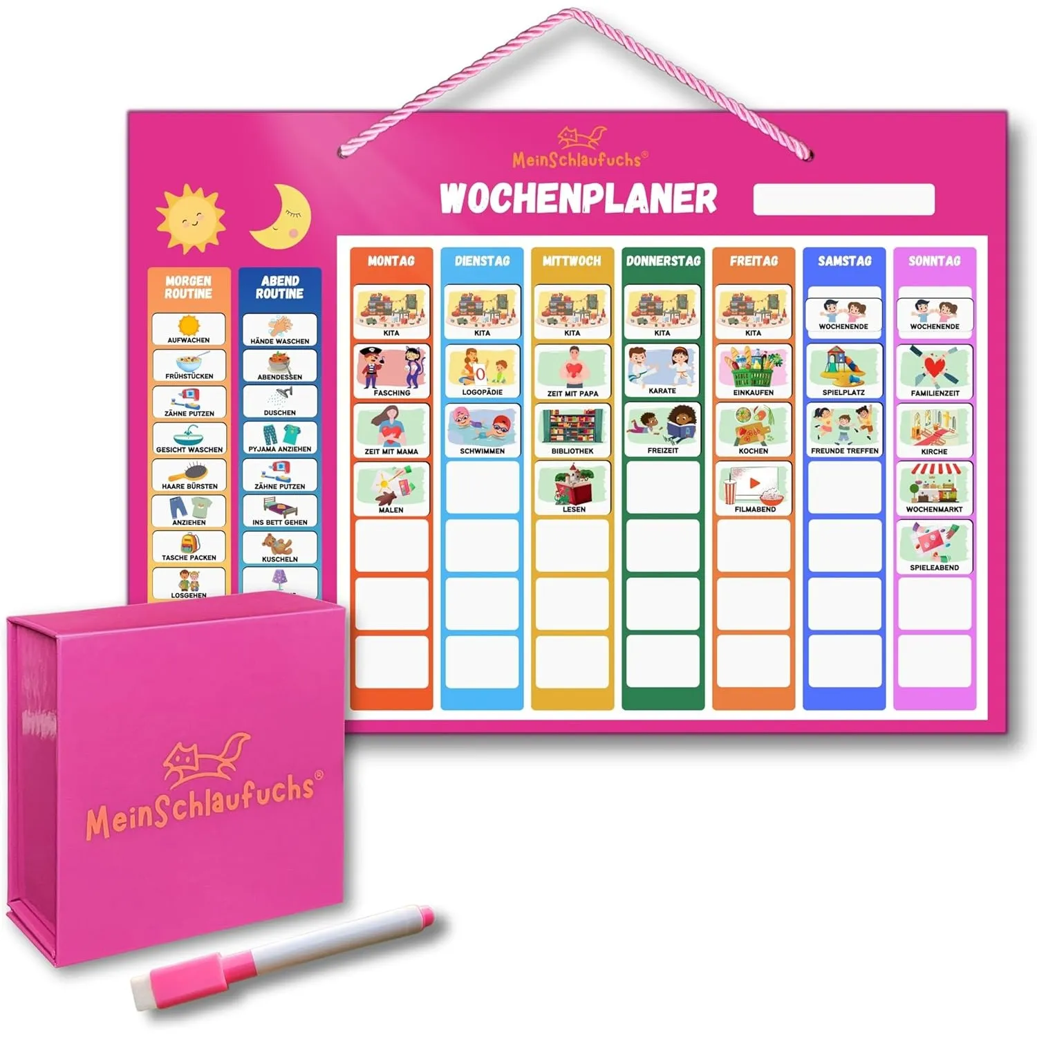 Wochenplaner Kinder - Montessori Magnettafel inkl. 250 Magnete, Aufbewahrungsbox, Kordel & Stift - 2-in-1 Wochenplan & …