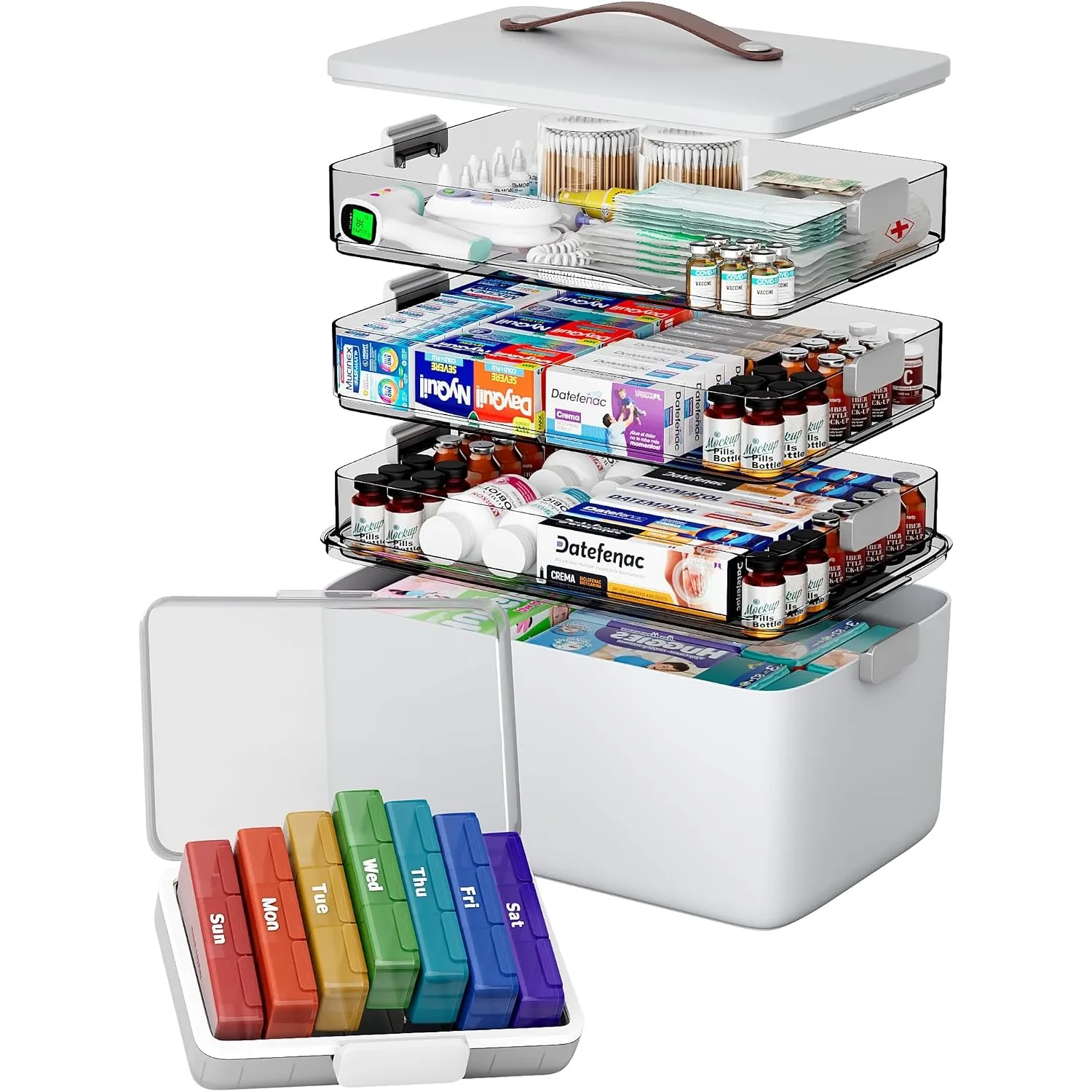 CTIME 4-lagige XXL-Medikamentenbox (Set) – Tragbarer Organizer mit Ledergriff, leerer Aufbewahrungskoffer für Haushalt,…