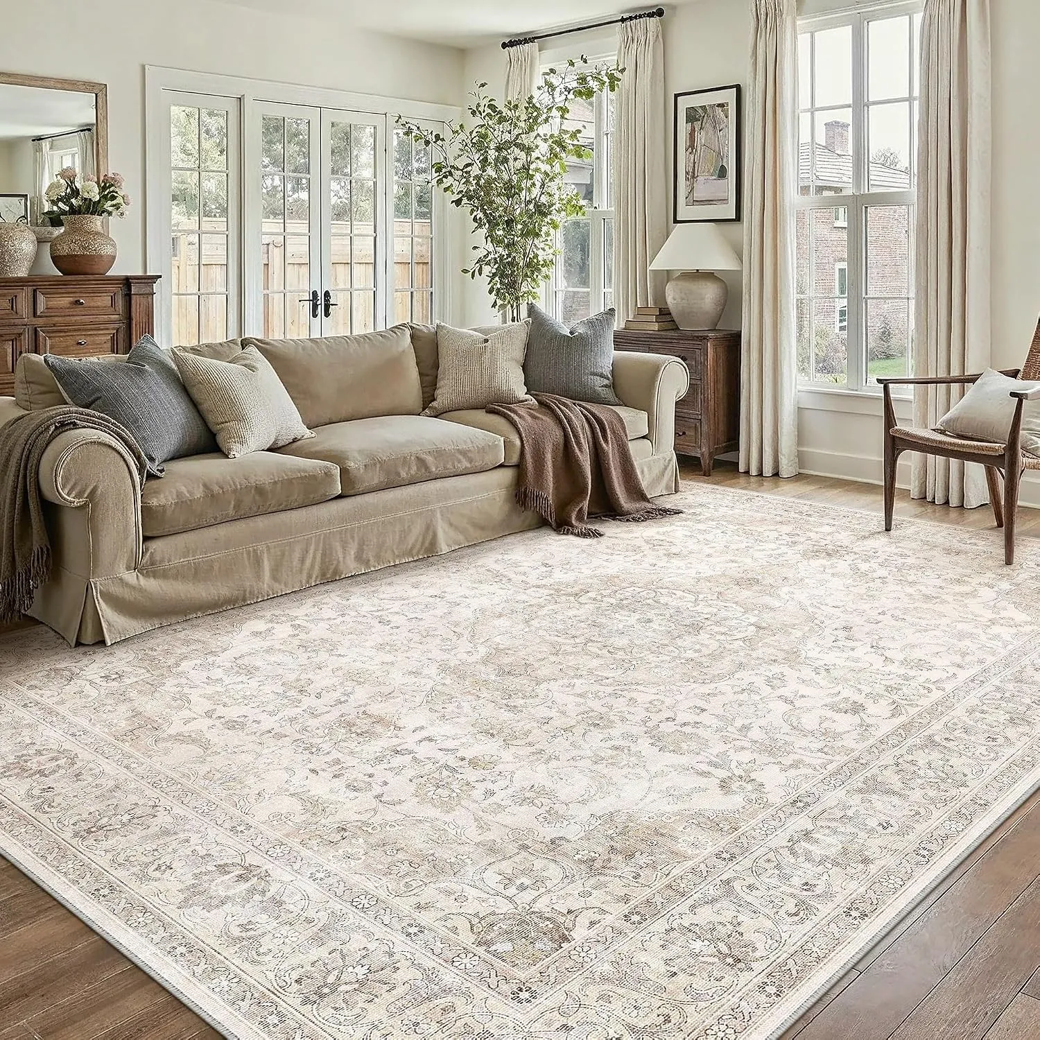 PureCozy Waschbarer Beige Teppich Wohnzimmer 160x230cm Vintage Tepich