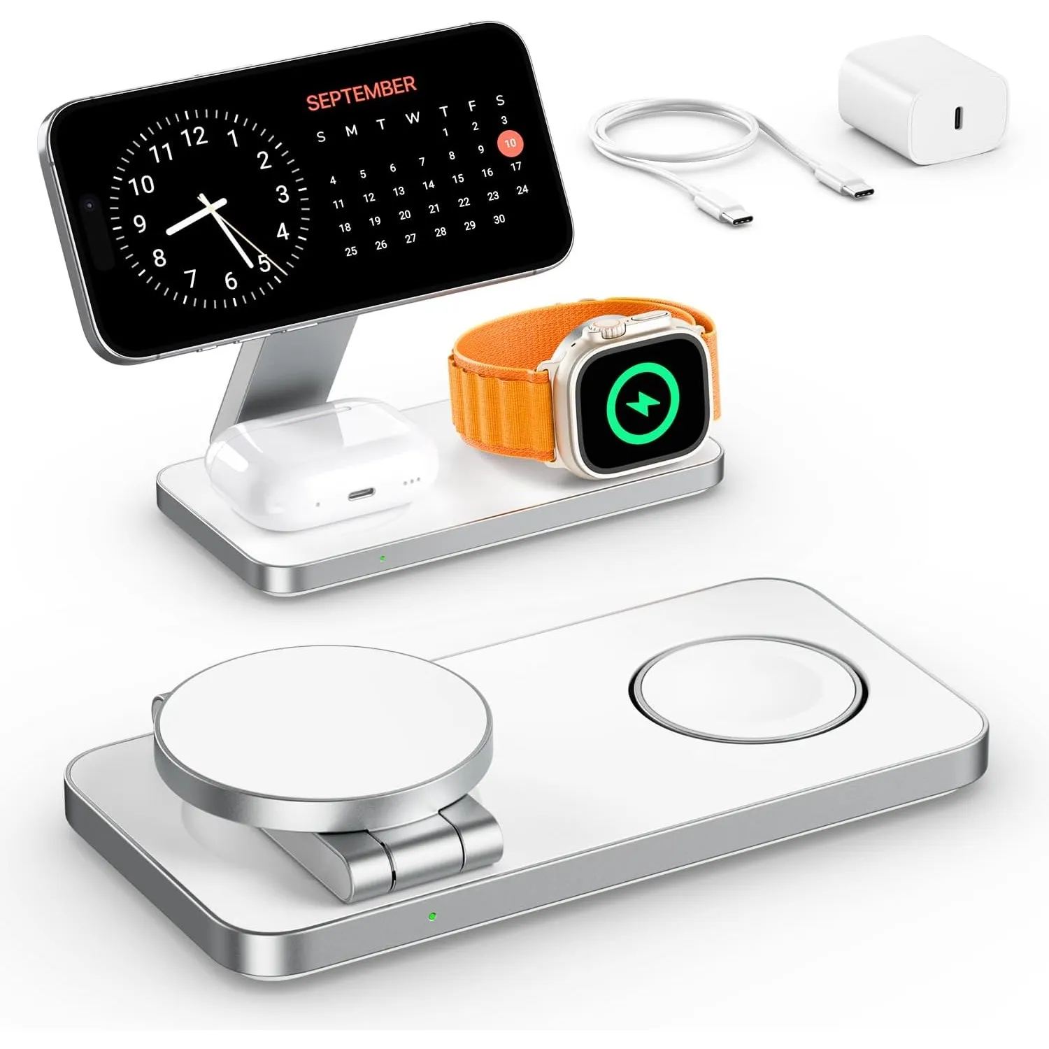QTlier 3 in 1 iPhone Ladestation Kompatibel mit Magsafe Ladegerät TiefWeiß | Induktive Ladestation für Air 17/16/15/14/…
