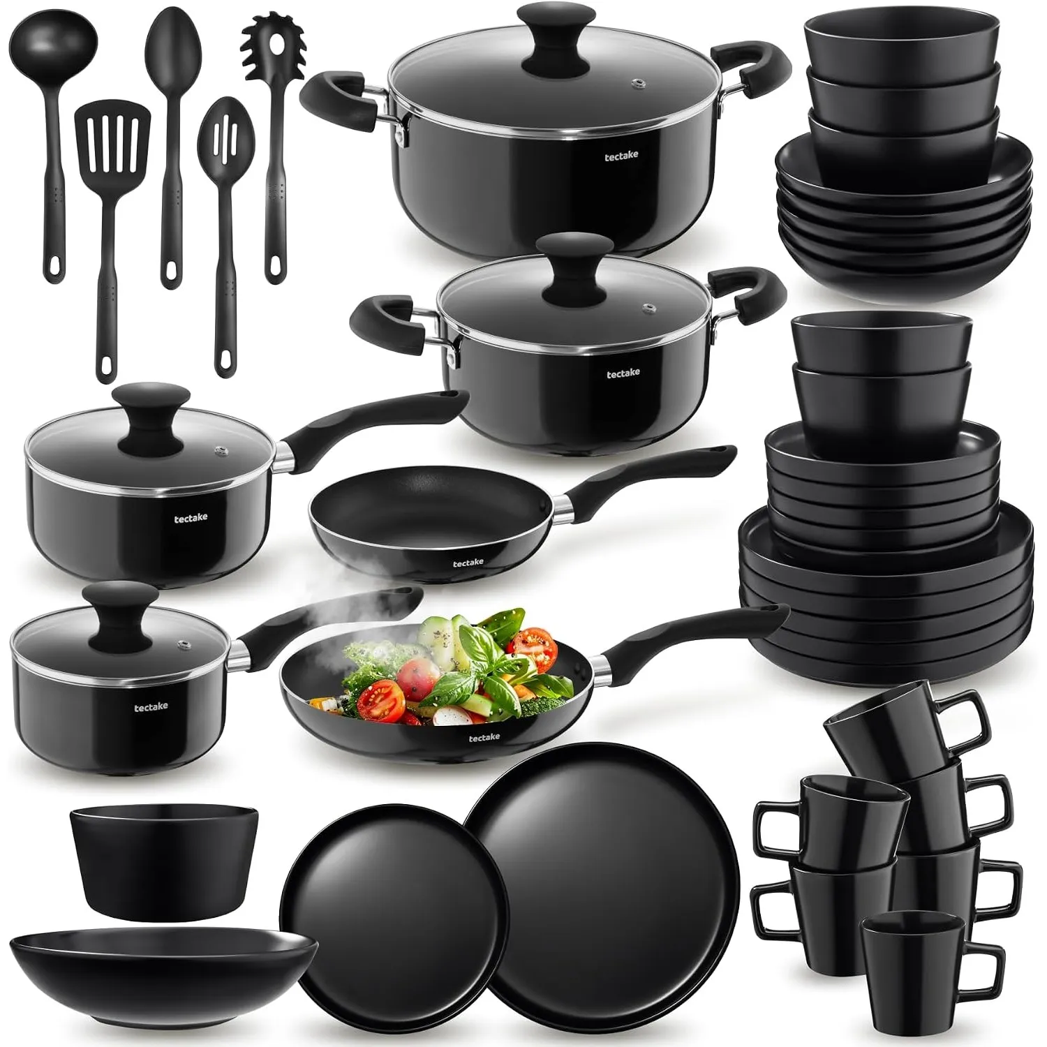 tectake® Küchenstarterset 6 Personen, Steingut Geschirr Set, Teller, 4 Töpfe 2 Pfannen rostfreies Aluminium, Kochtopf S…