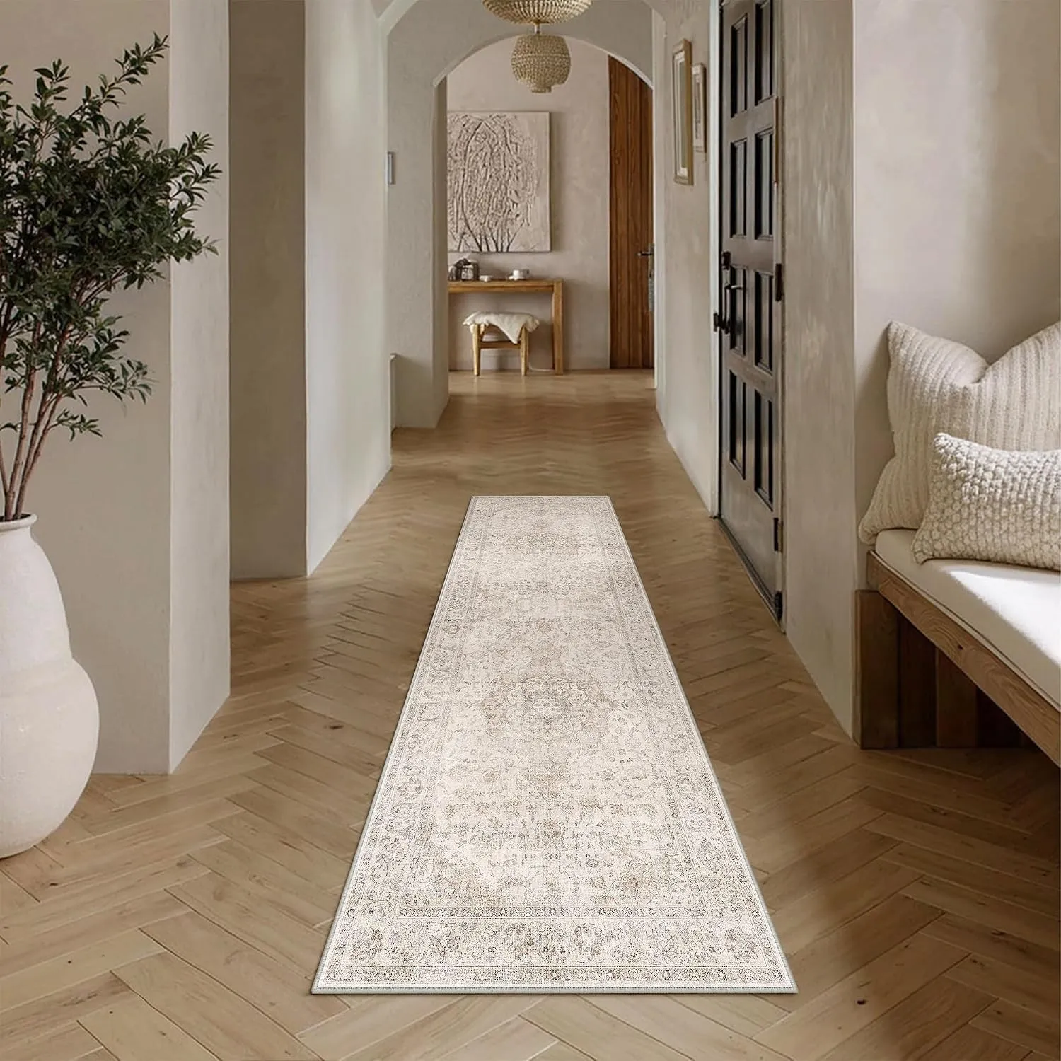 PureCozy Waschbarer Beige LäUfer Flur Teppich 60x180cm Vintage Teppiche