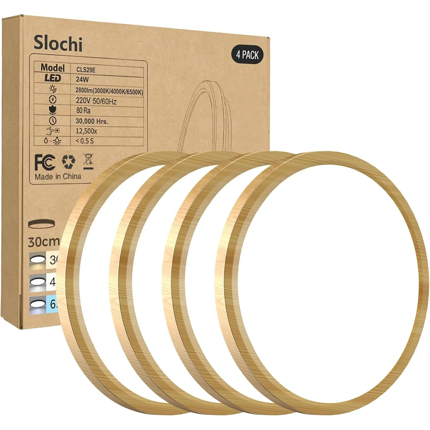 slochi Deckenlampe LED Deckenleuchte Flach, Ø30CM 3Farben 24W Wooden