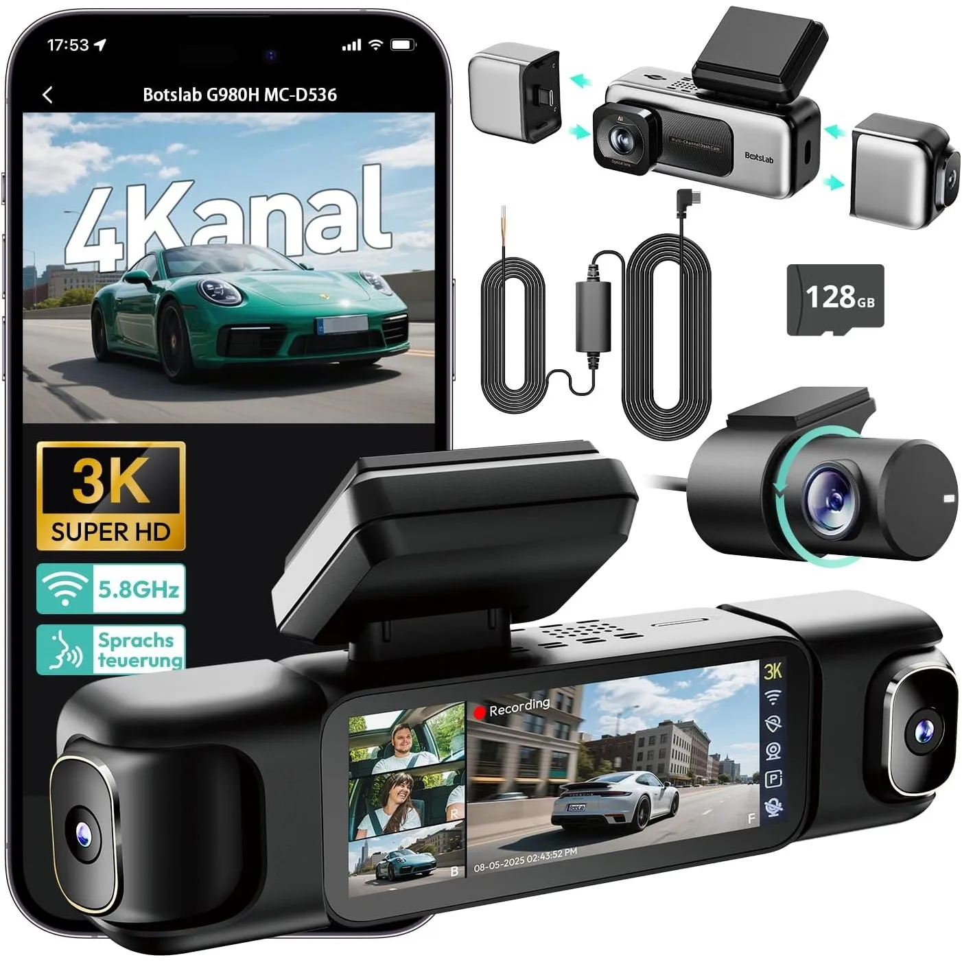 BOTSLAB Dashcam Auto 4 Kanal mit 24/7 Parkmodus, 360°Dashcam, 3K+1080P×3